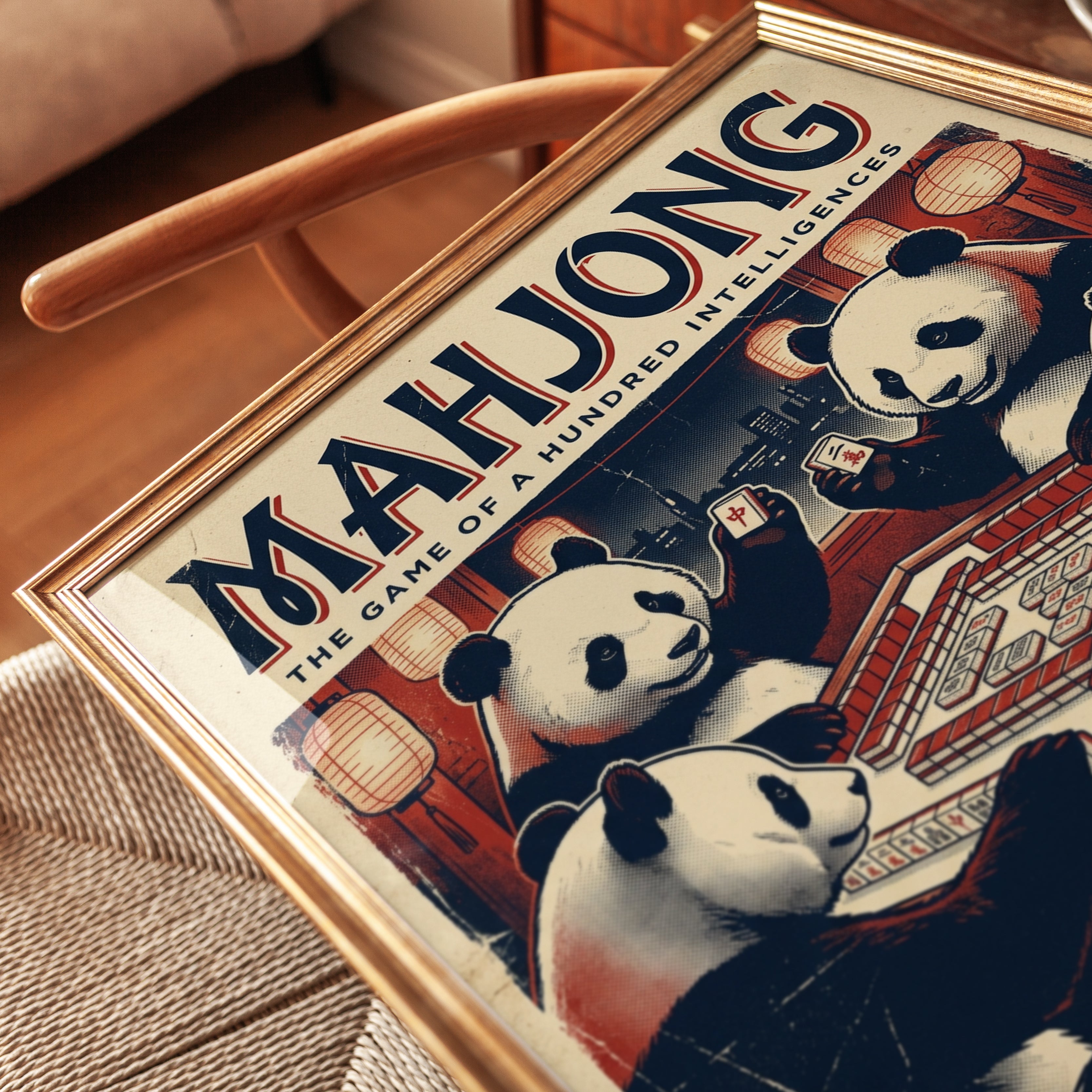 Mahjong Pandas Art Print: Vintage Chinese Game Poster - detail