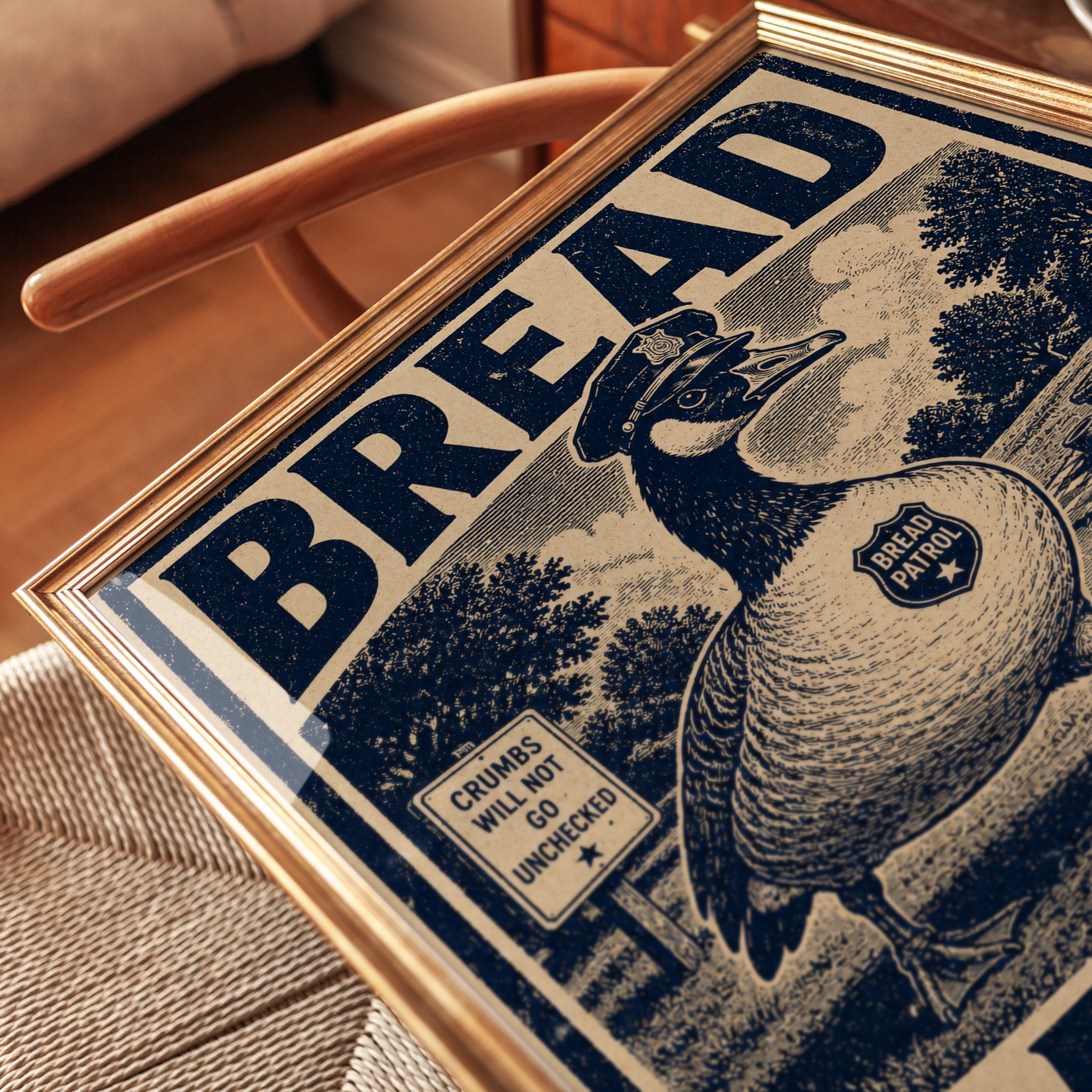 Bread Patrol Duck Poster: Vintage Woodcut Style Art Print - detail