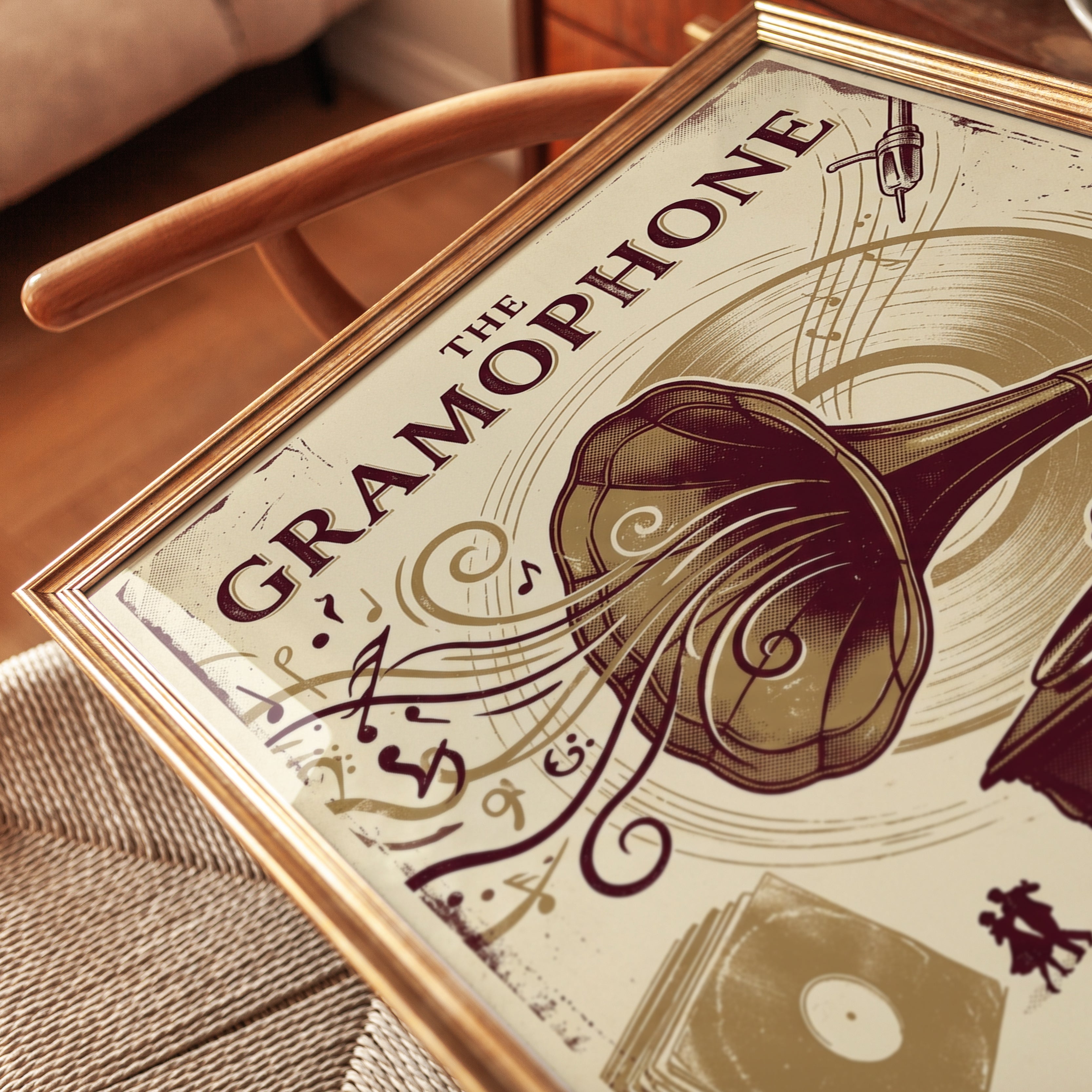 Vintage Gramophone Art Print: Art Nouveau Music Poster Design - detail