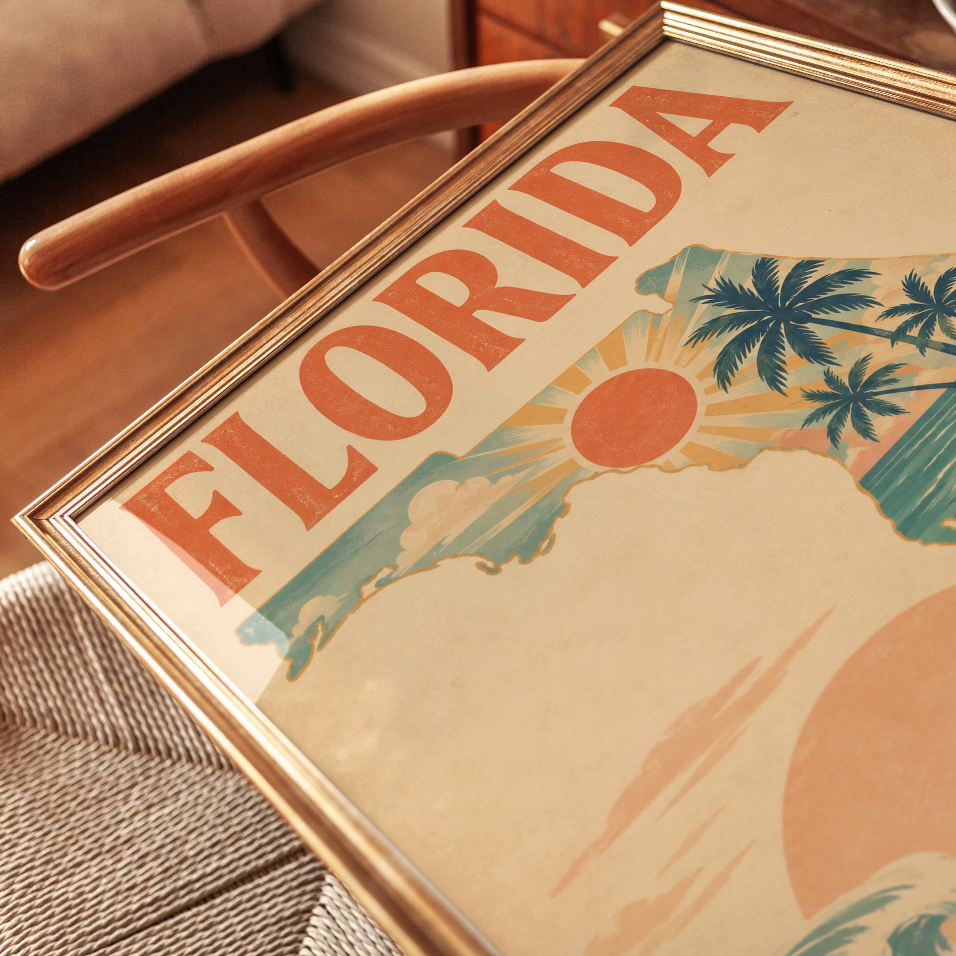 Florida Retro Travel Poster: Vintage Palm Tree Beach Art Print - detail