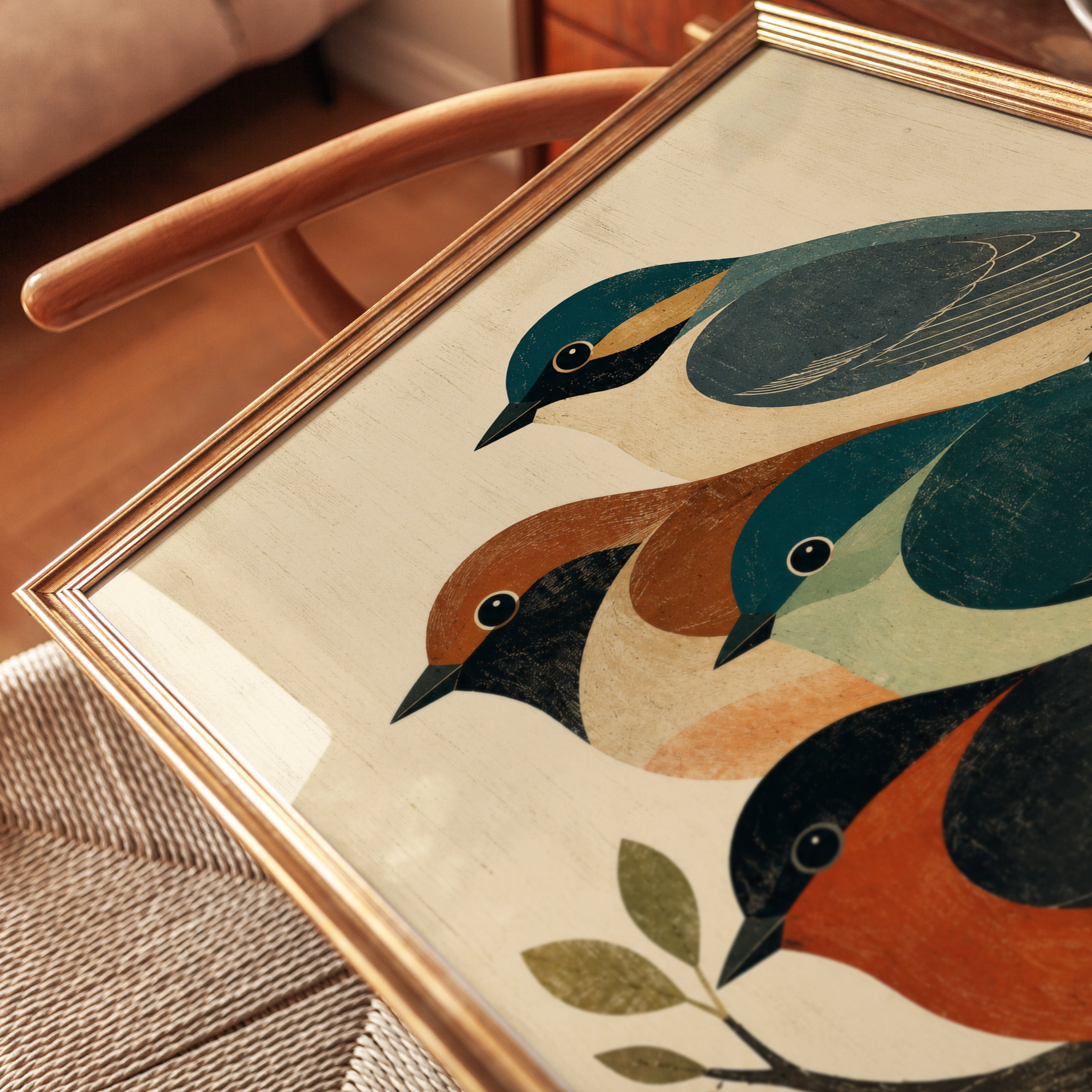 Vintage Birds on Branch Print: Mid-Century Folk Art Design - detail