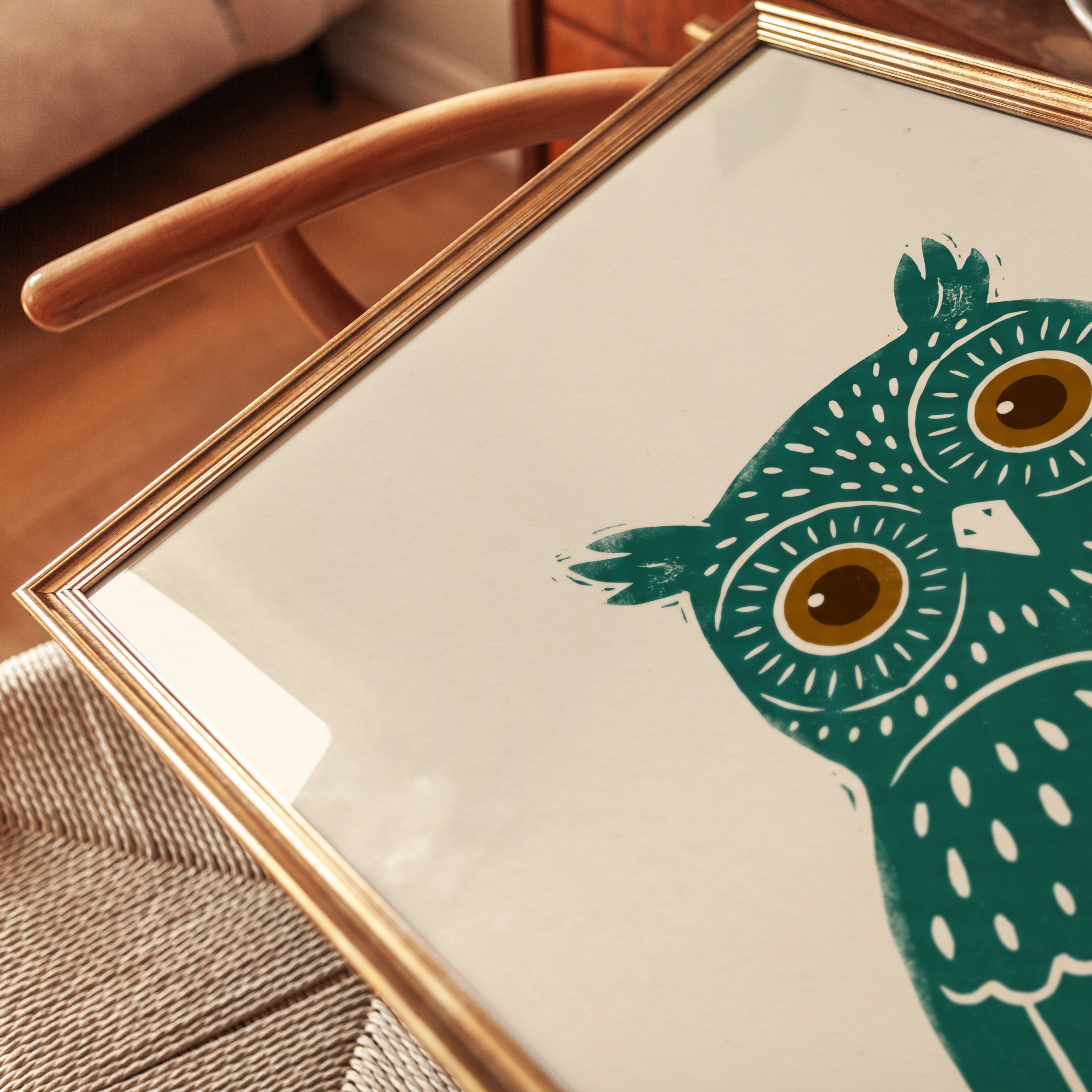 Teal Owl Art Print: Scandinavian Folk Style Nursery Decor - detail