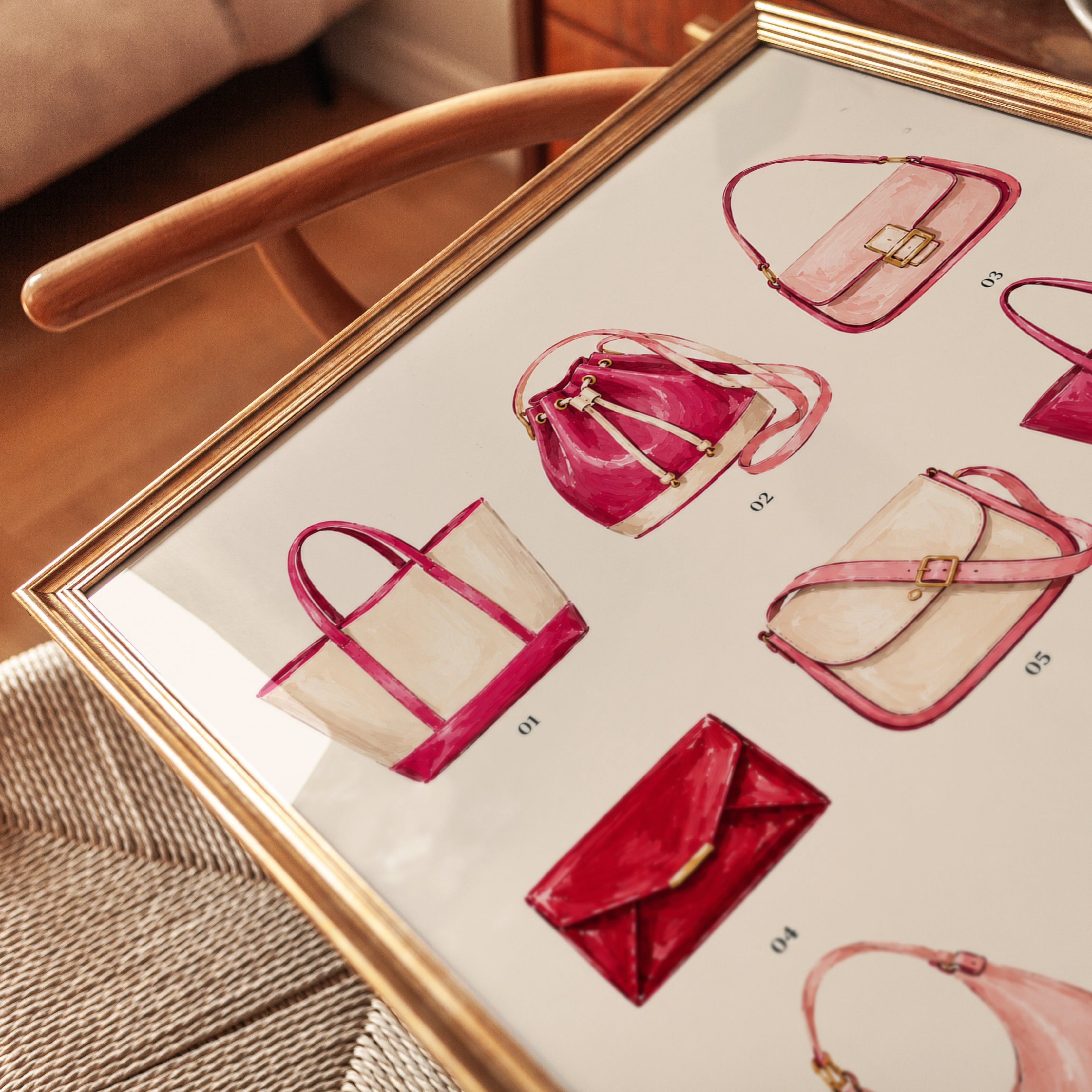Designer Handbag Collection Art Print: Pink Fashion Illustration - detail