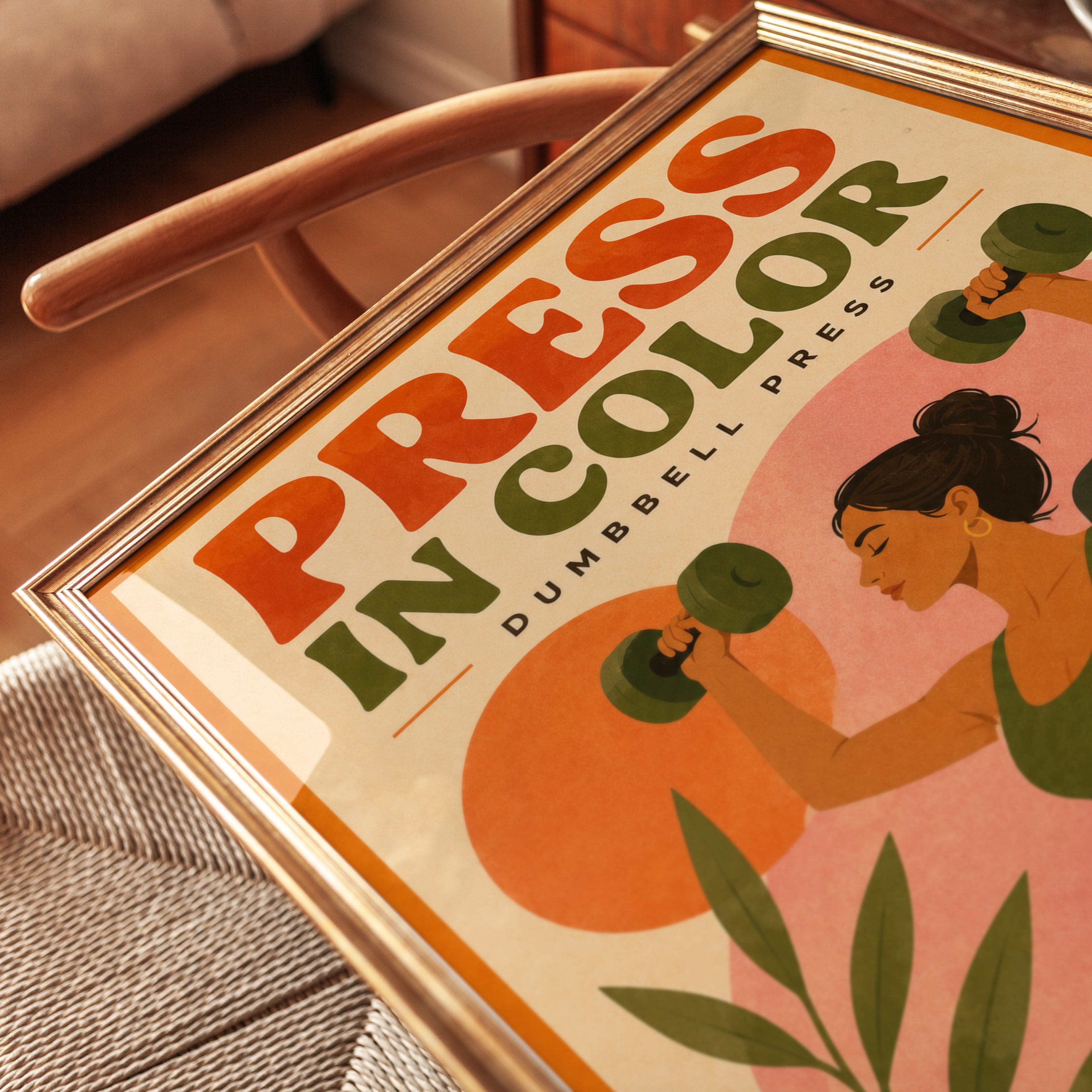 Dumbbell Press Fitness Poster: Retro Gym Art Print - detail