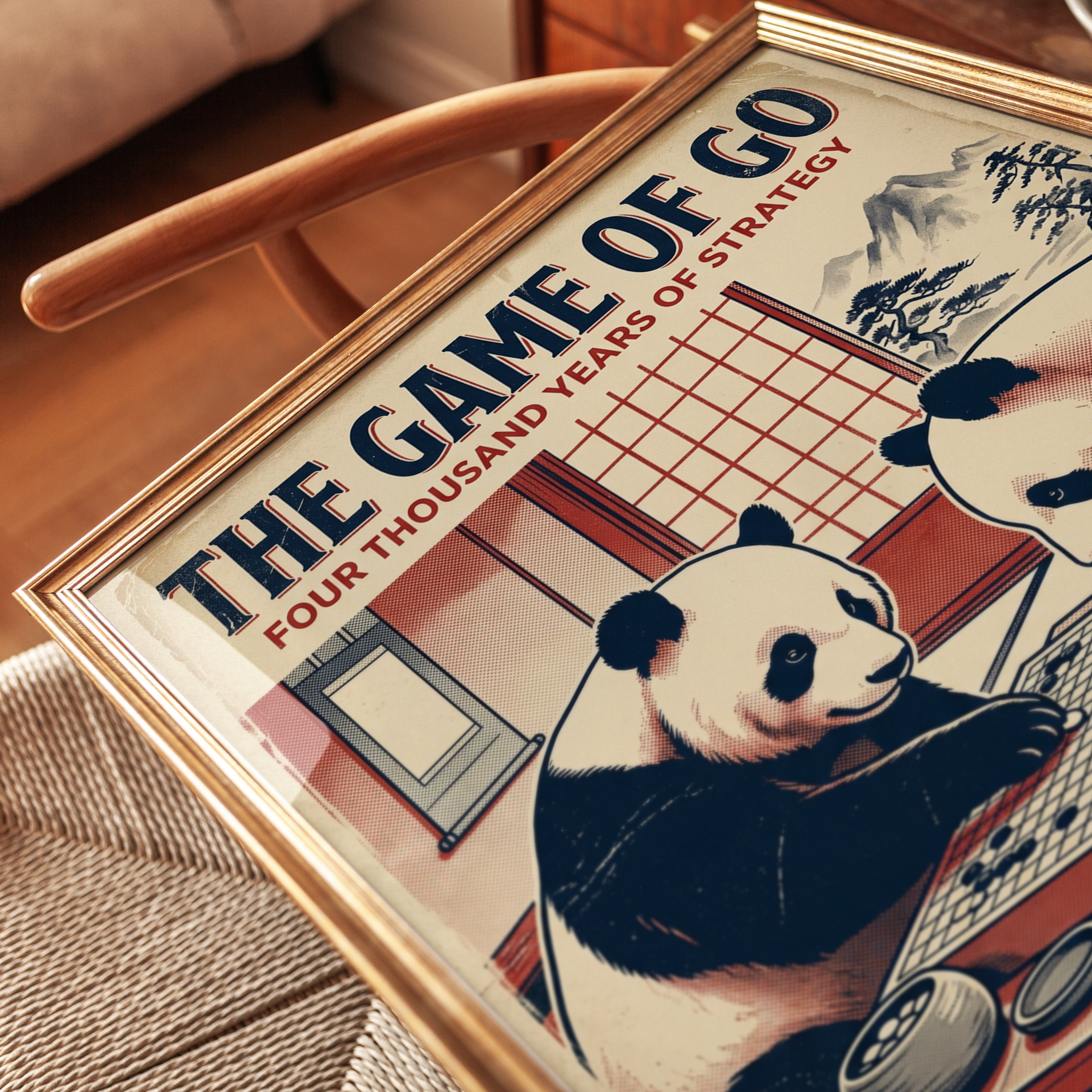 Pandas Playing Go Poster: Vintage Japanese Game Illustration - detail