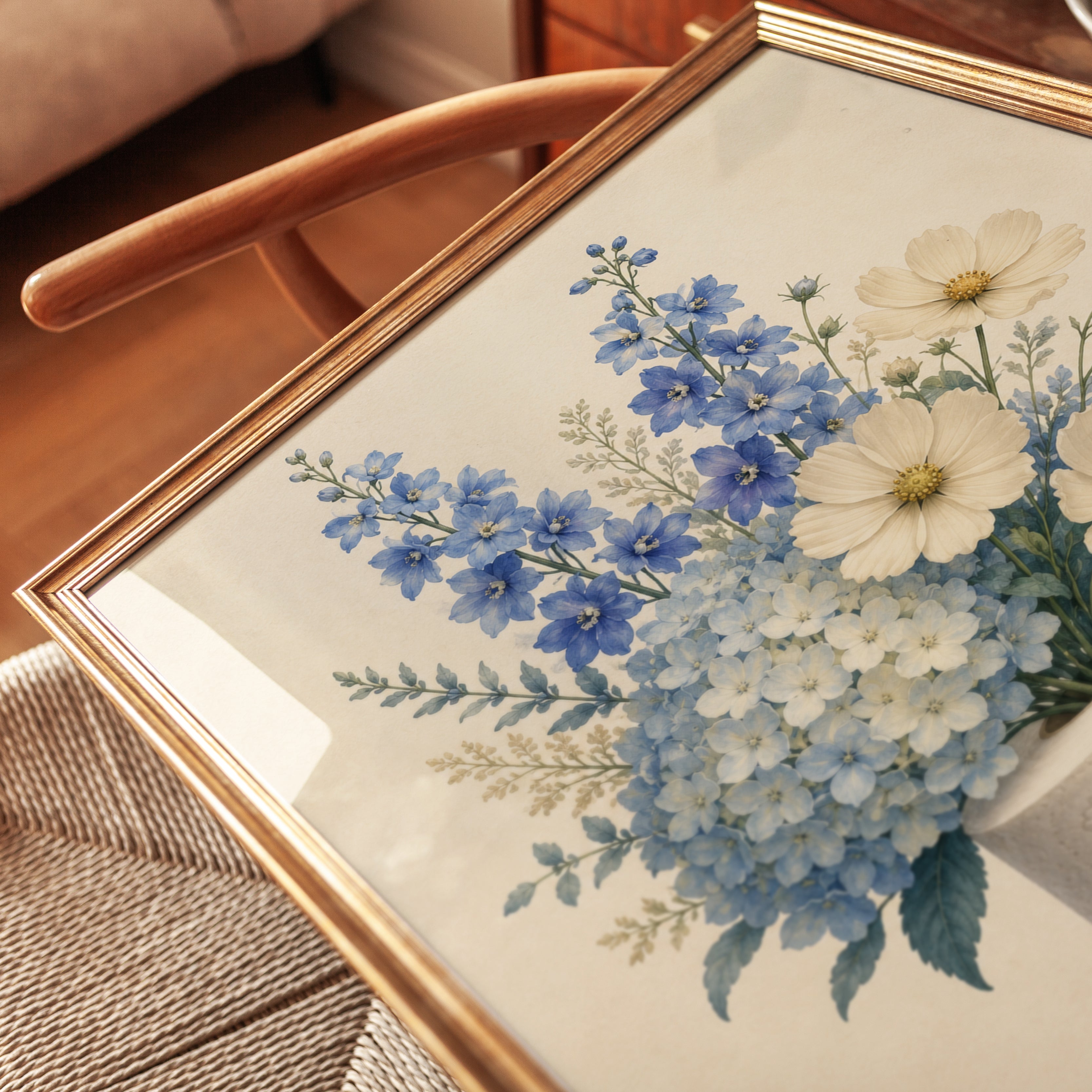 Blue Delphinium Bouquet Print: Vintage Botanical Wall Art - detail