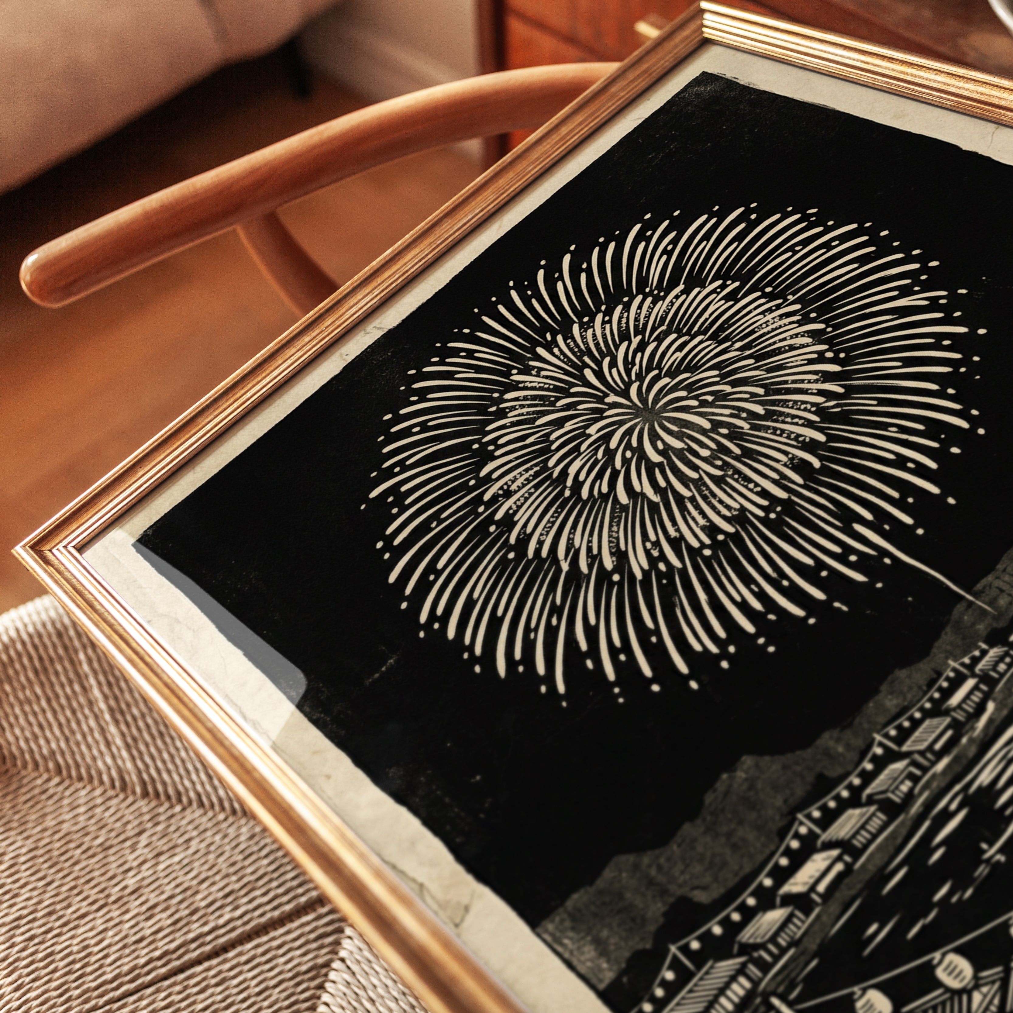 Japanese Fireworks Woodblock Print: Black and White Waterfront Art - detail