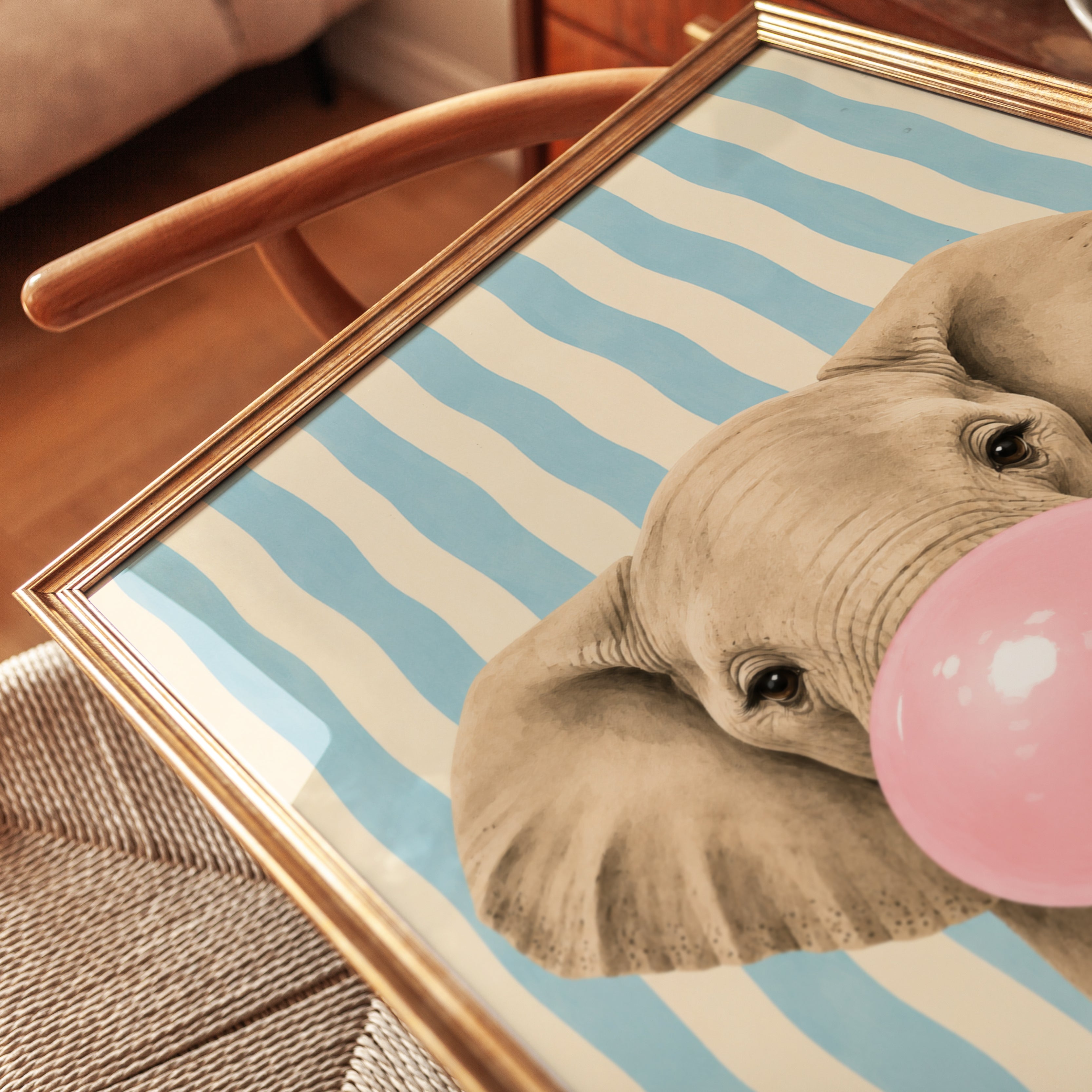 Elephant Bubblegum Print: Whimsical Animal Art with Blue Stripes - detail