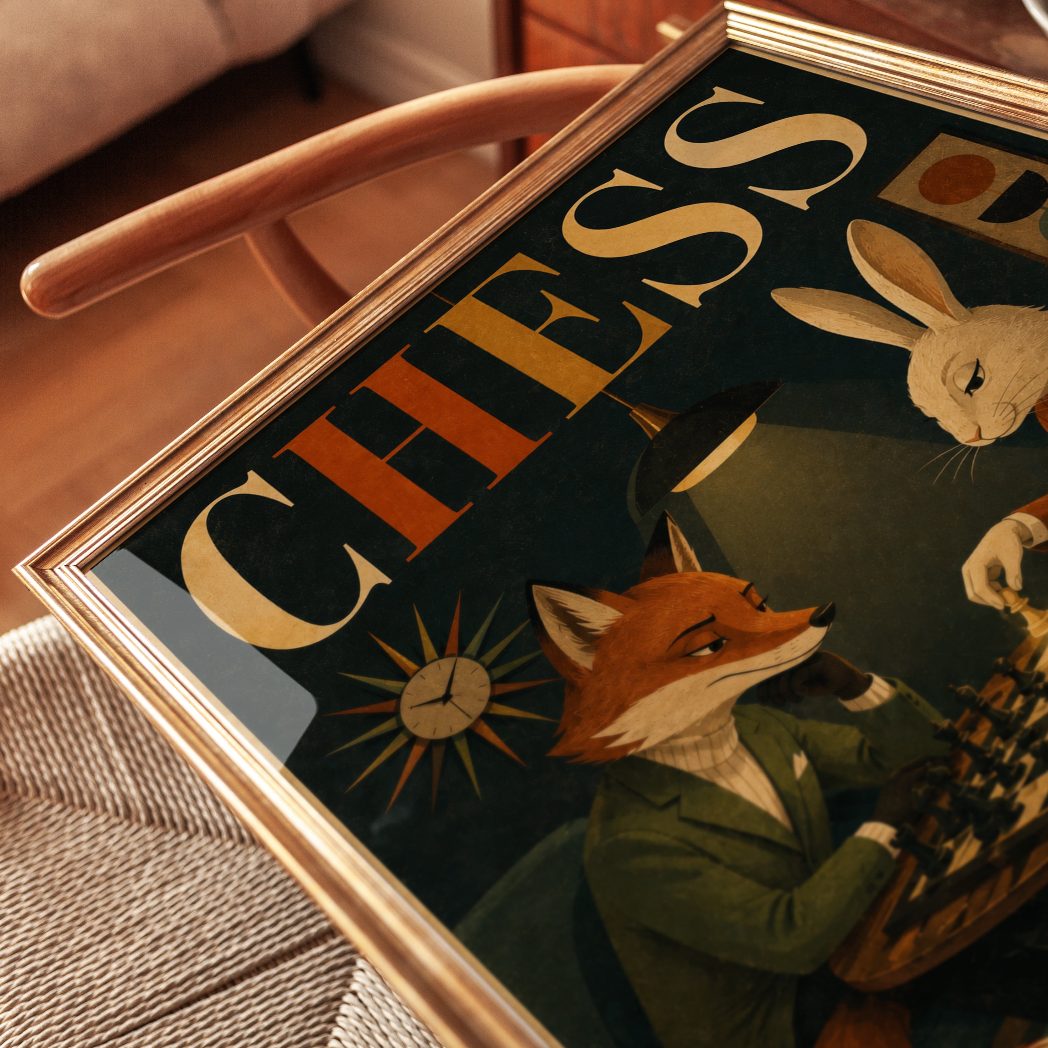 Fox and Rabbit Chess Game: Retro Mid-Century Modern Art Print - detail