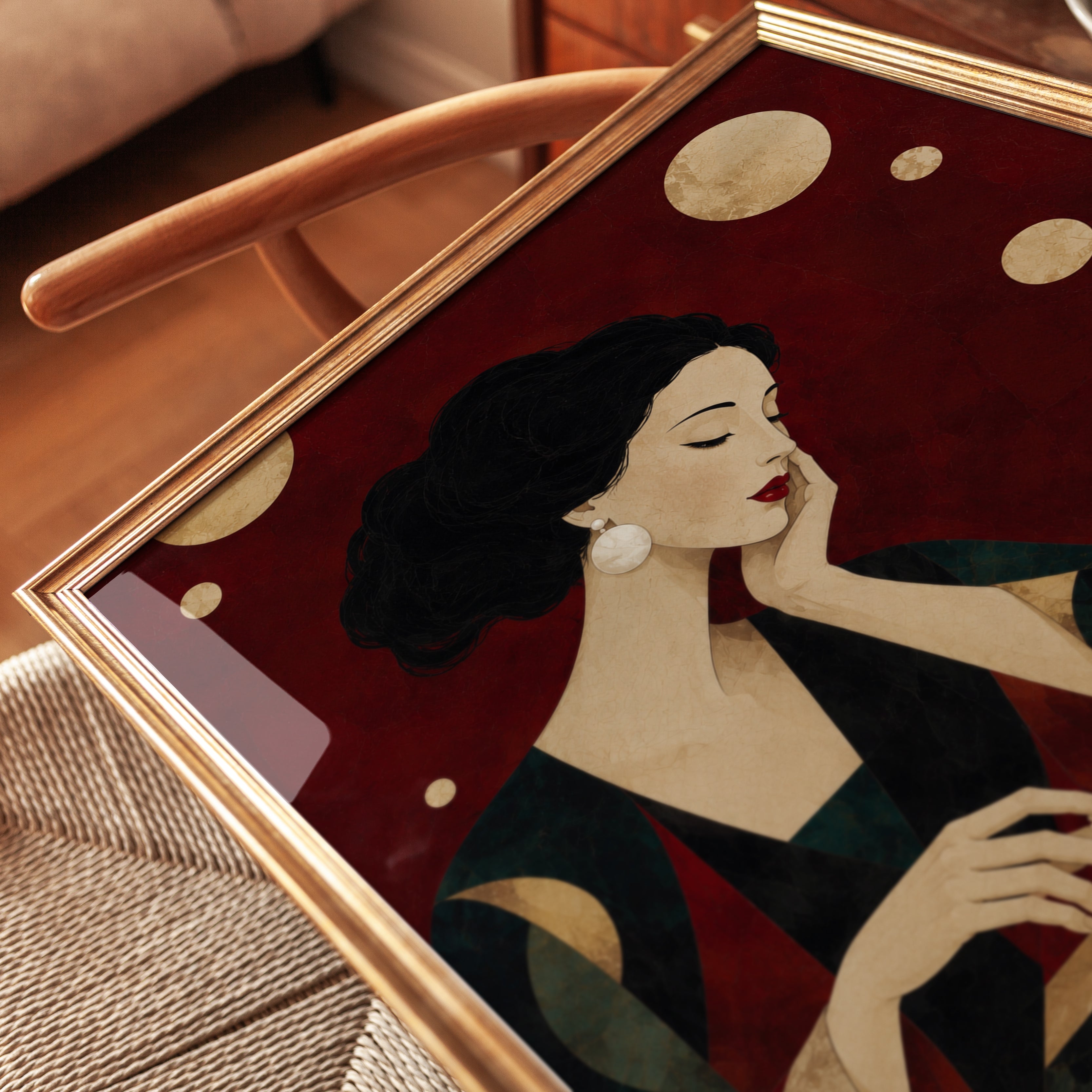 Woman Playing Chess Art – Vintage Portrait Print - detail