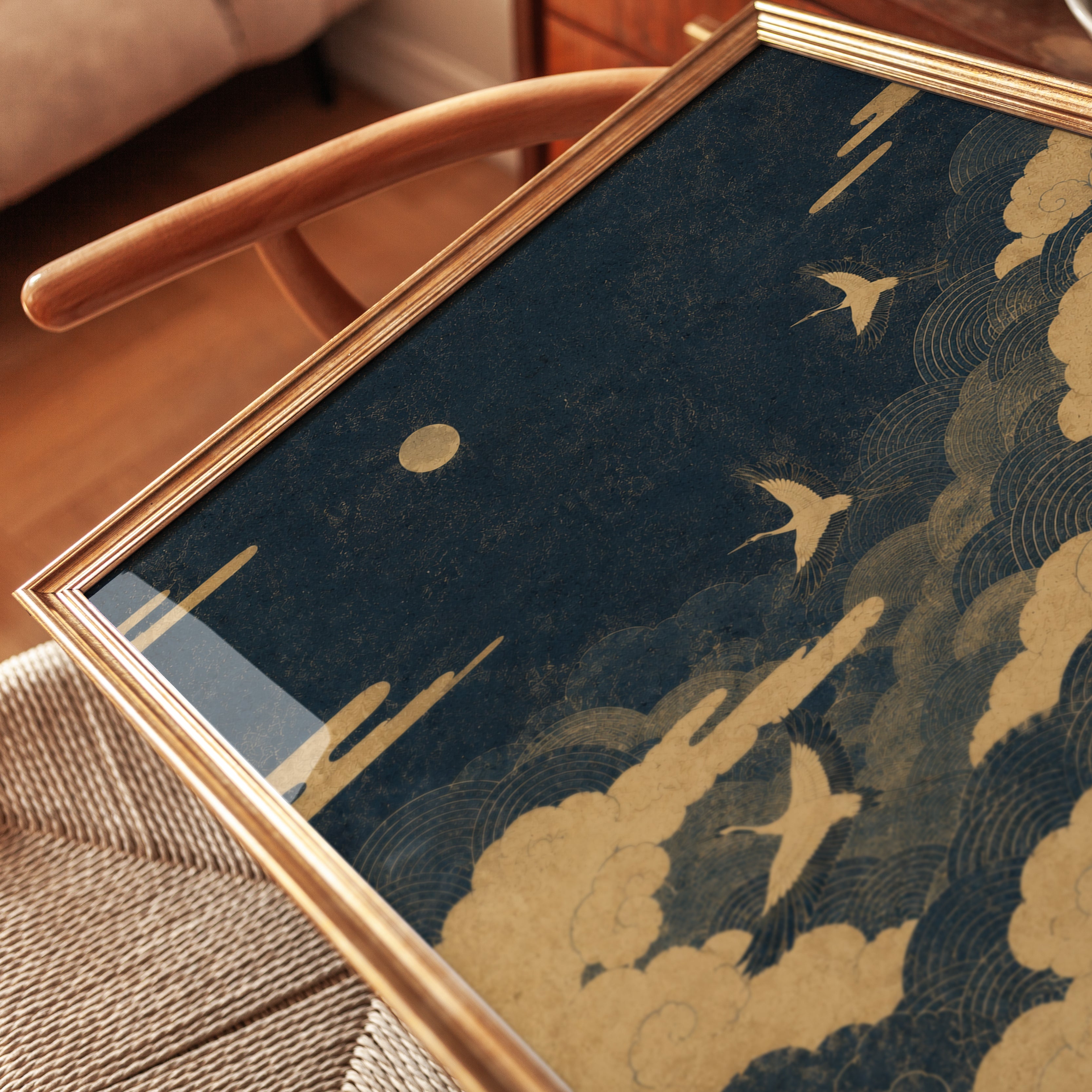 Crane Art Print: Japanese Inspired Wall Decor (Gold & Navy) - detail