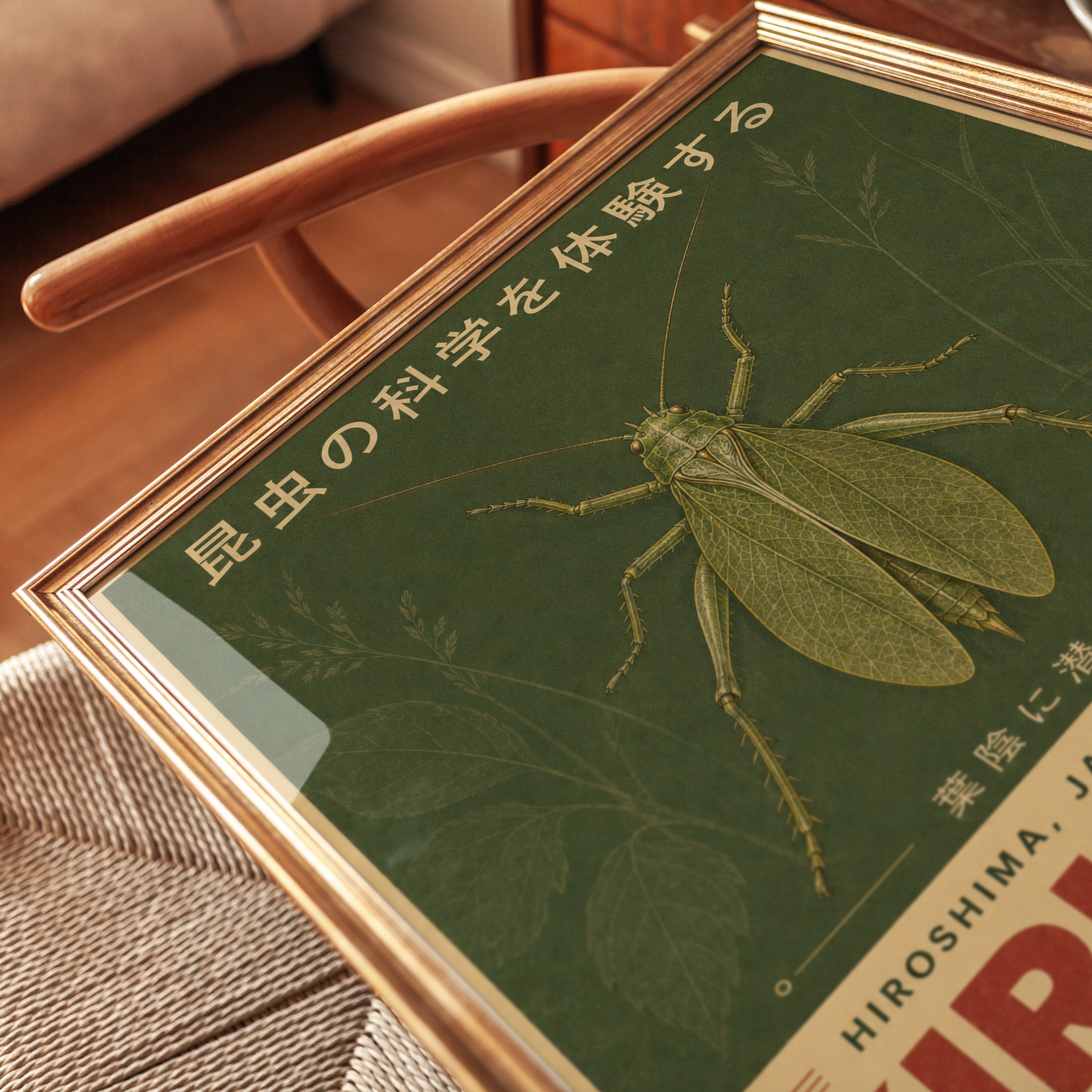 Japanese Grasshopper Vintage Poster: Green Insect Art Print - detail