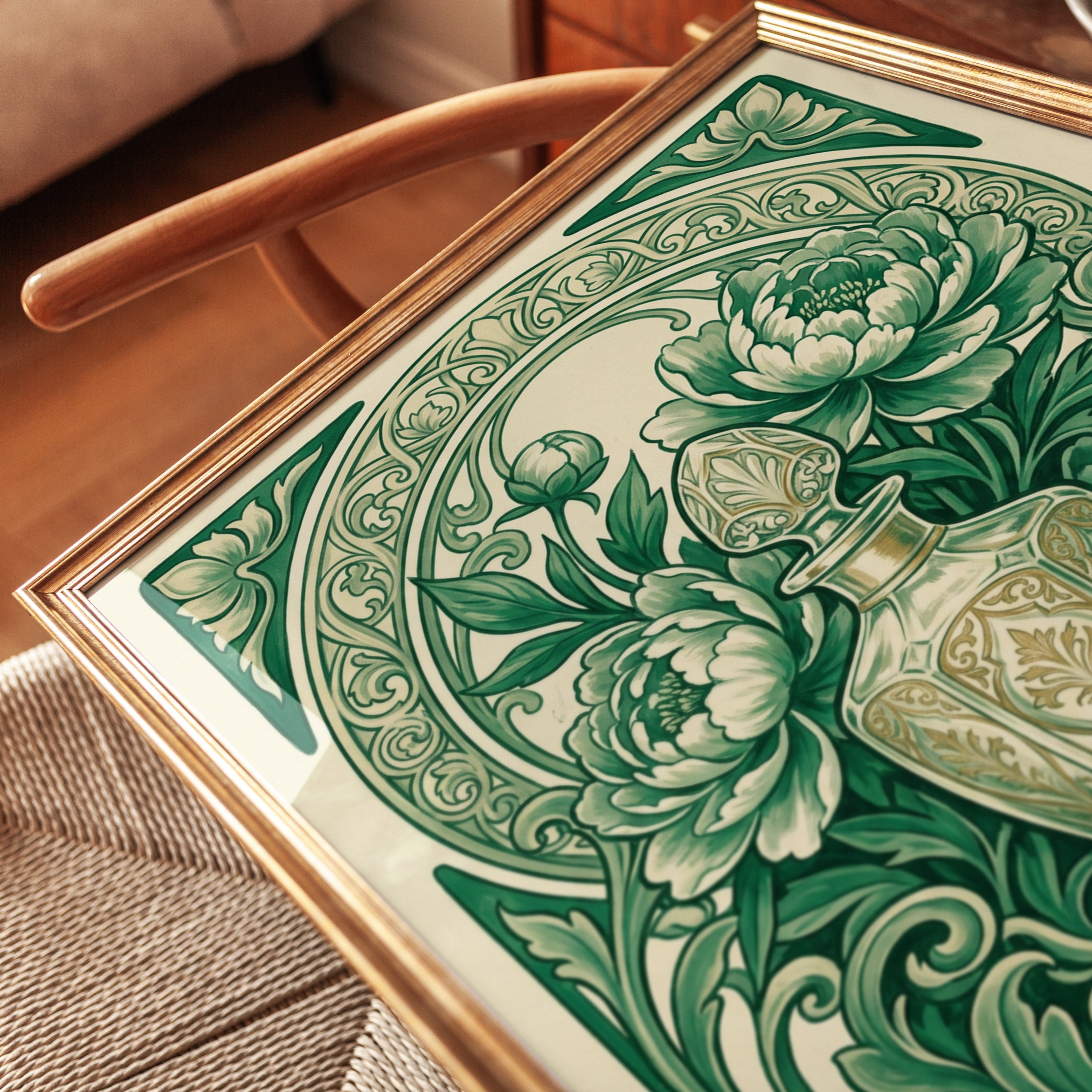 Art Nouveau Peony Print — Ornate Floral Vase Illustration - detail
