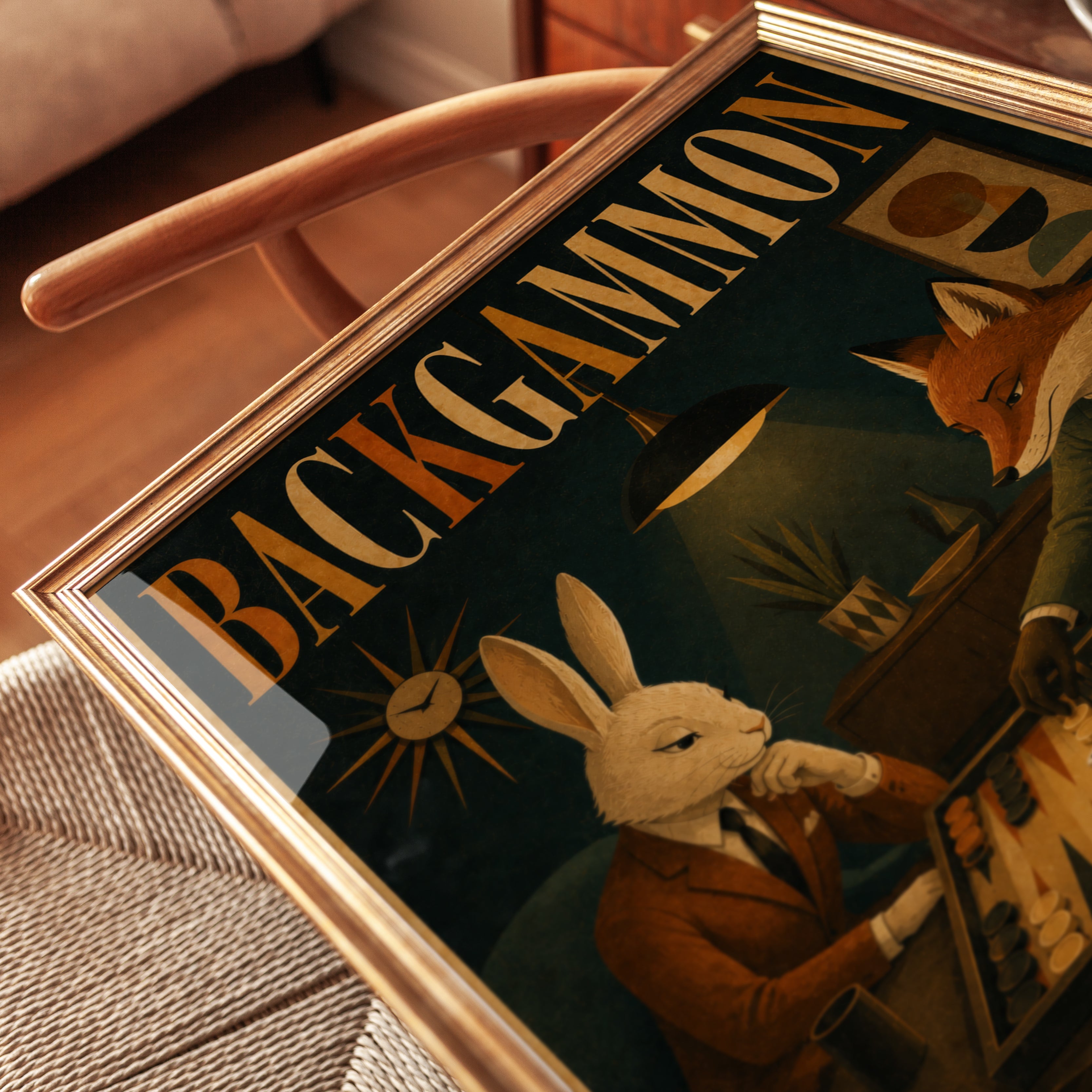 Backgammon Art Print: Mid-Century Fox and Rabbit Game Room Poster - detail