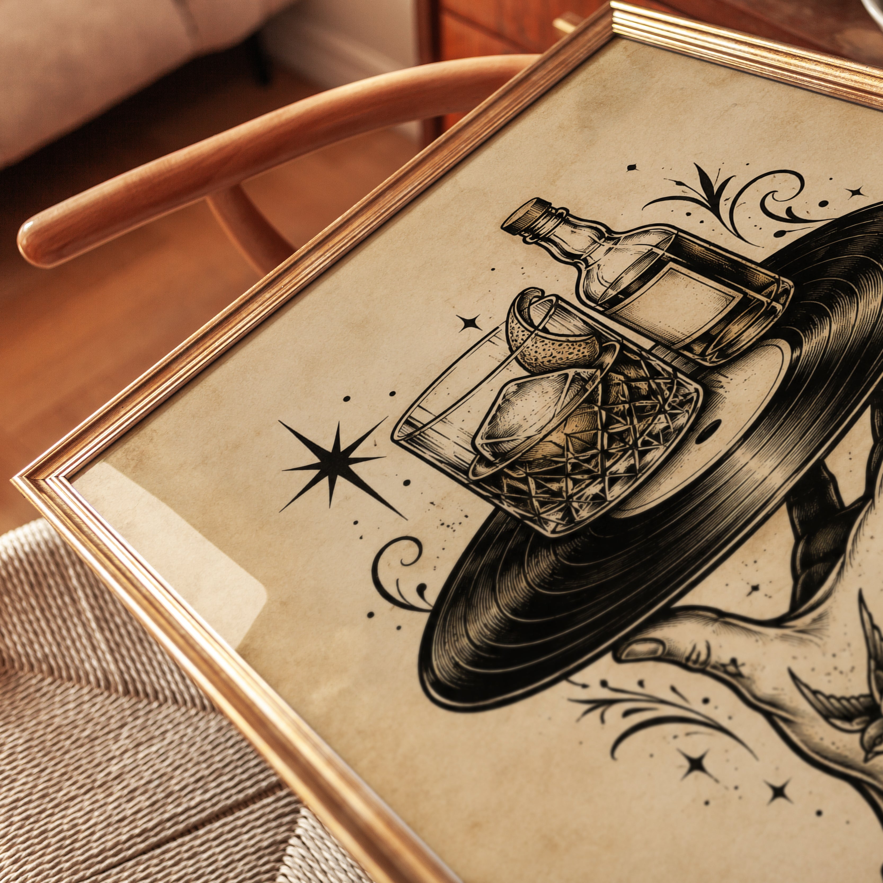 Vintage Cocktail Vinyl Record Art Print: Retro Bar Illustration - detail