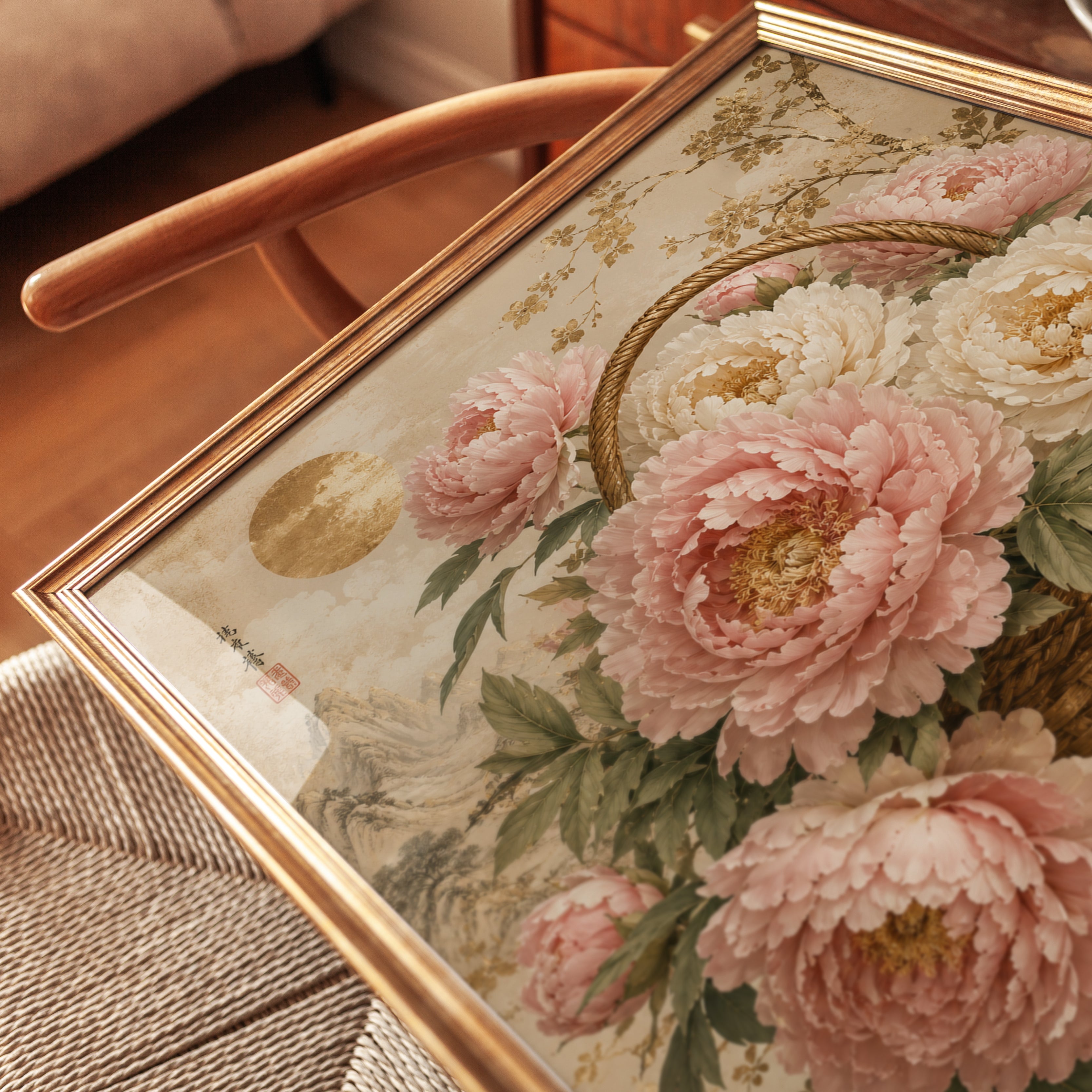 Peony Basket Wall Art – Asian Floral Print - detail