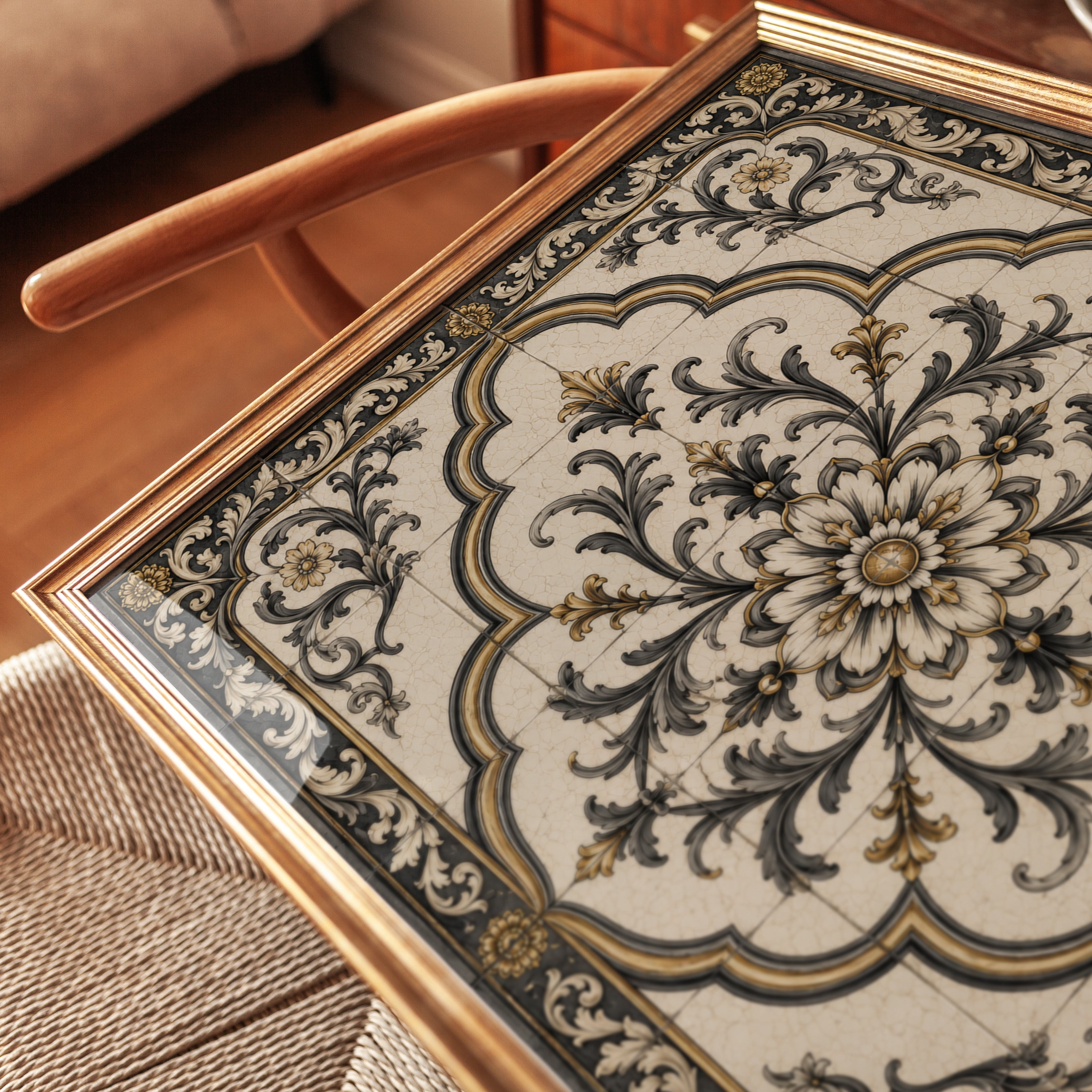 Baroque Floral Medallion Art Print: Ornate Black and Gold Design - detail