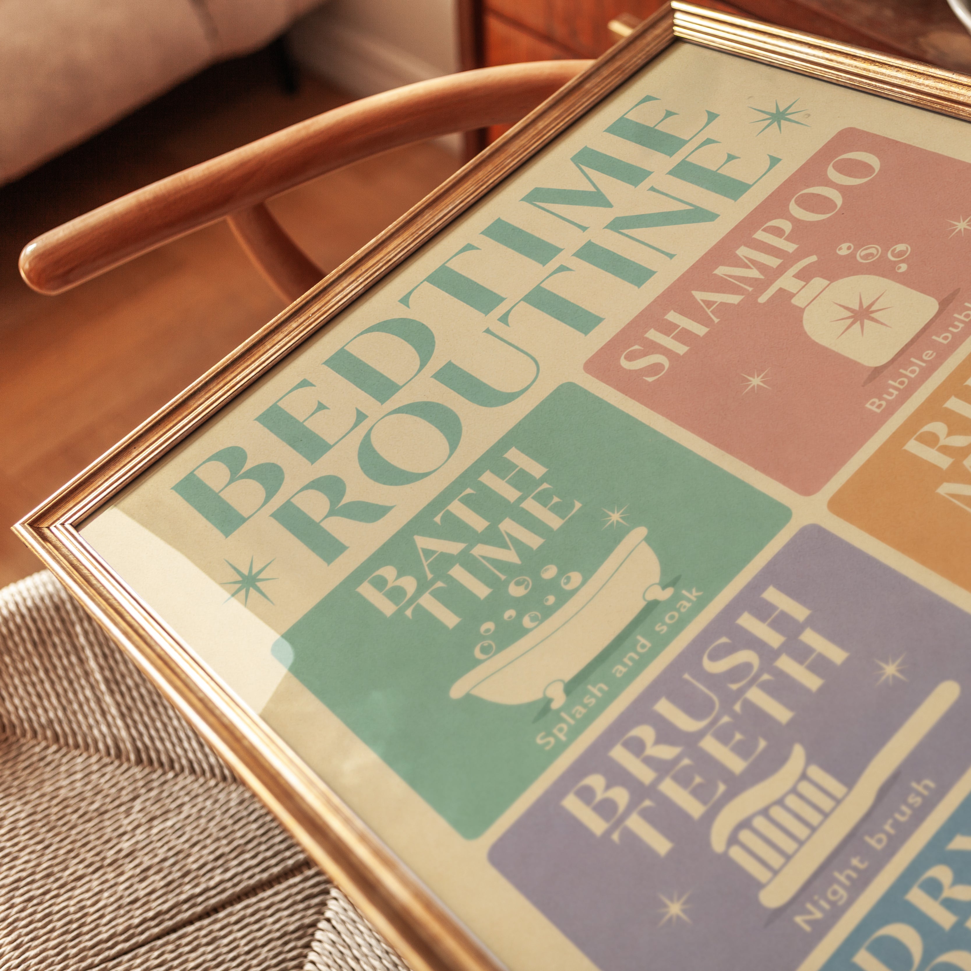 Bedtime Routine Chart: Retro Kids Wall Art (Educational Poster) - detail