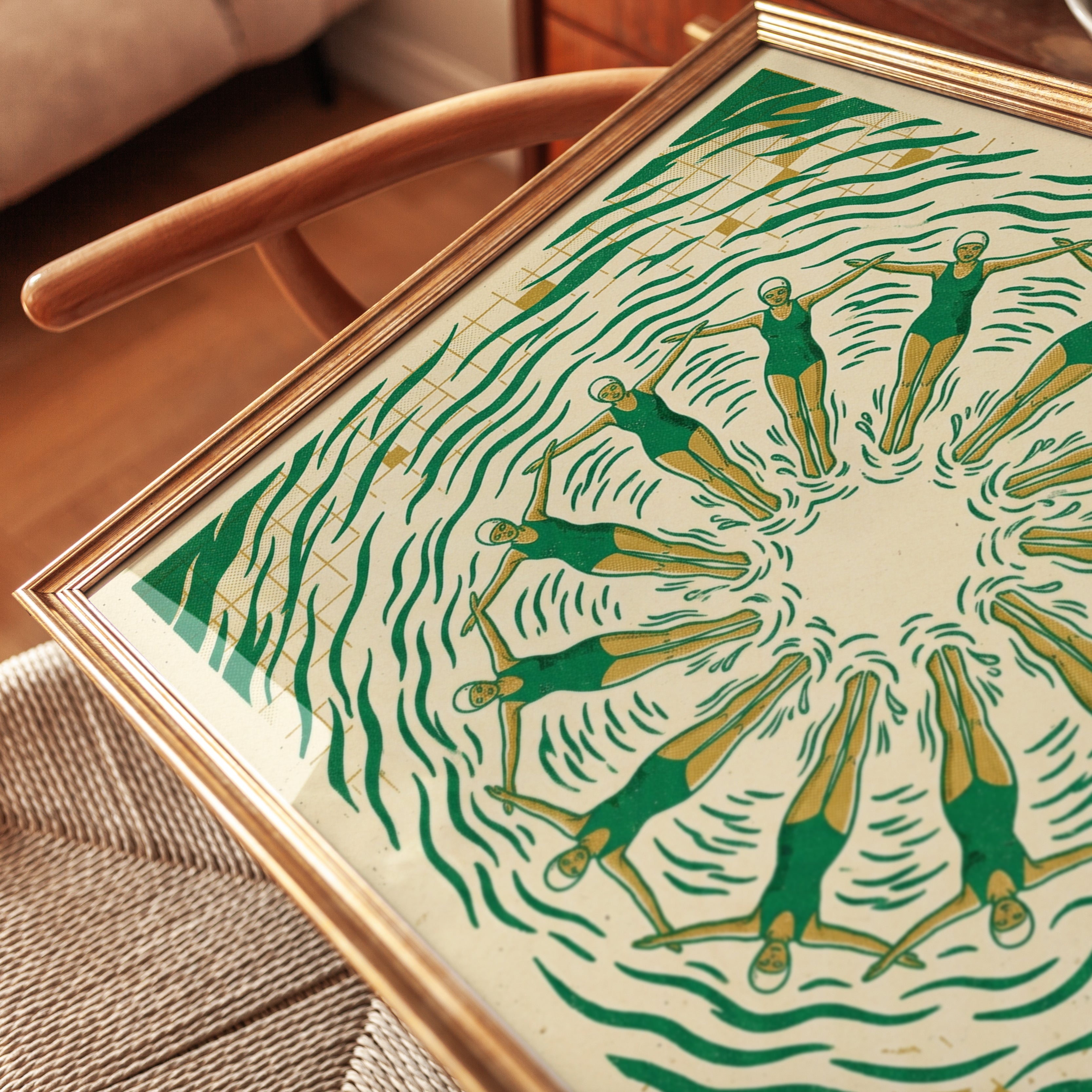 Synchronized Swimmers Art Print: Art Deco Green and Gold Design - detail