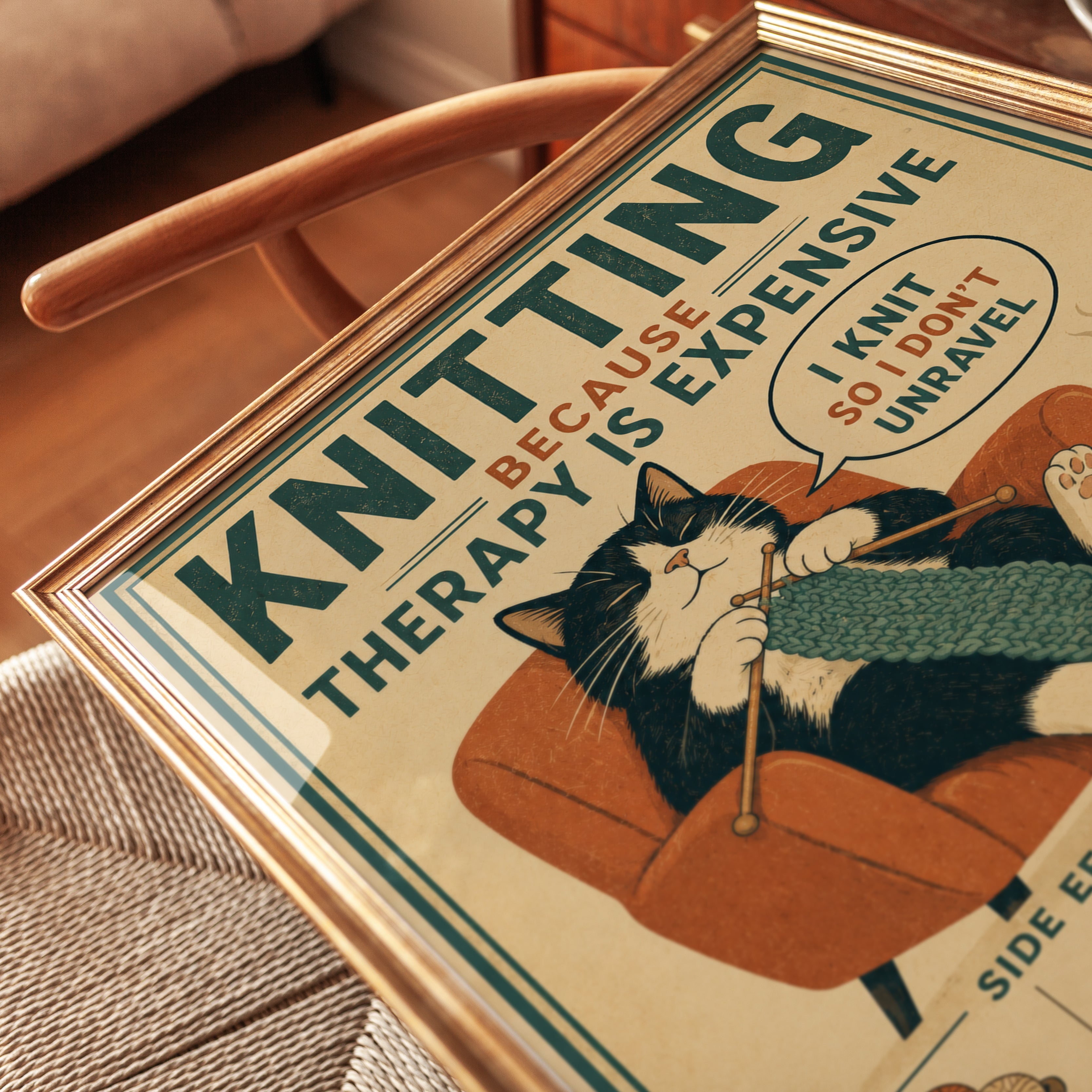 Knitting Wall Art – Funny Cat Print - detail