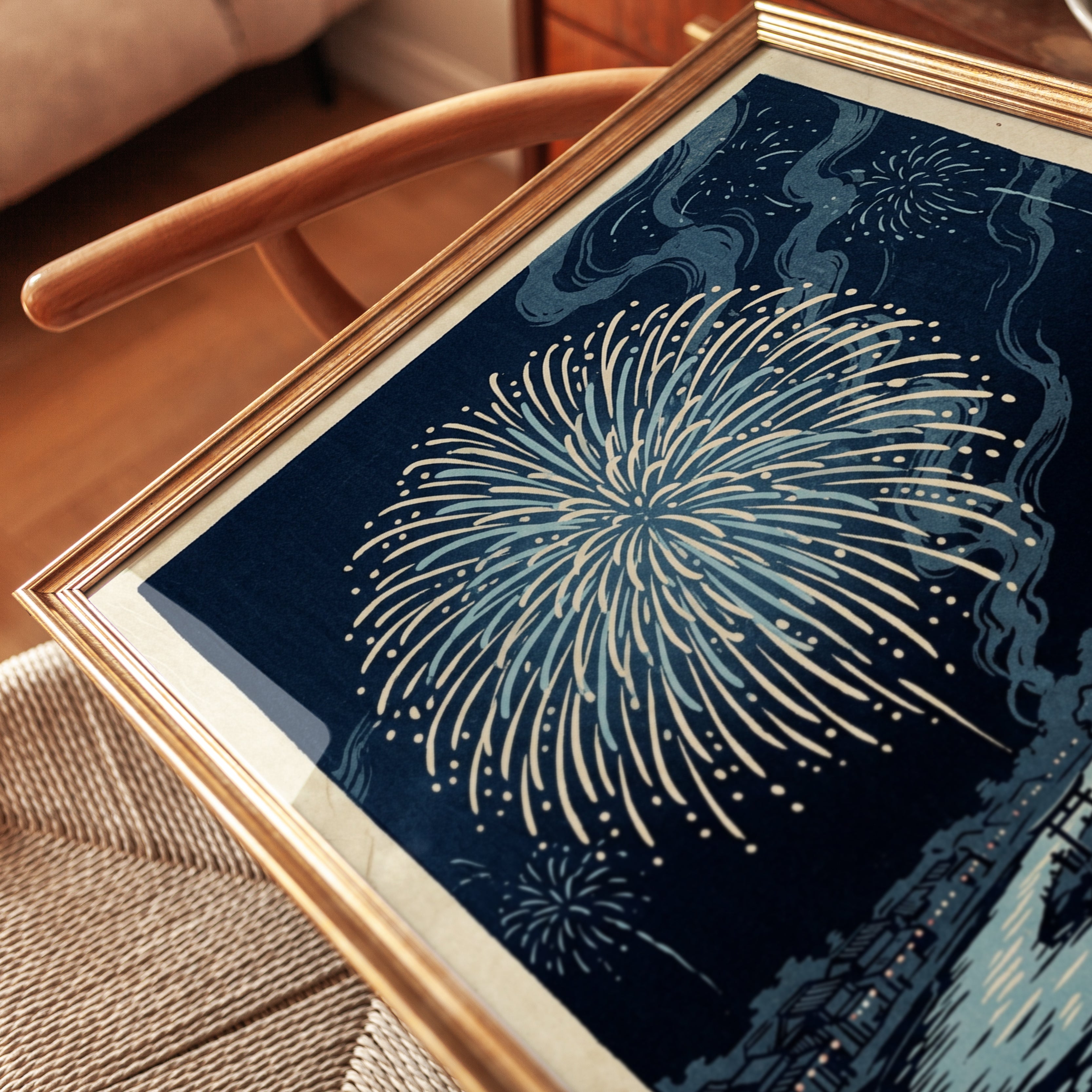 Japanese Fireworks Over River Town: Ukiyo-e Style Art Print - detail