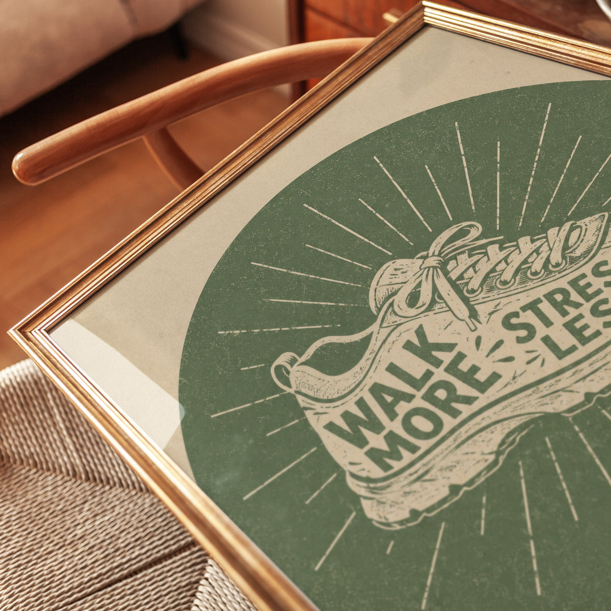 Walk More Stress Less Print: Retro Fitness Art (Sage Green Accent) - detail