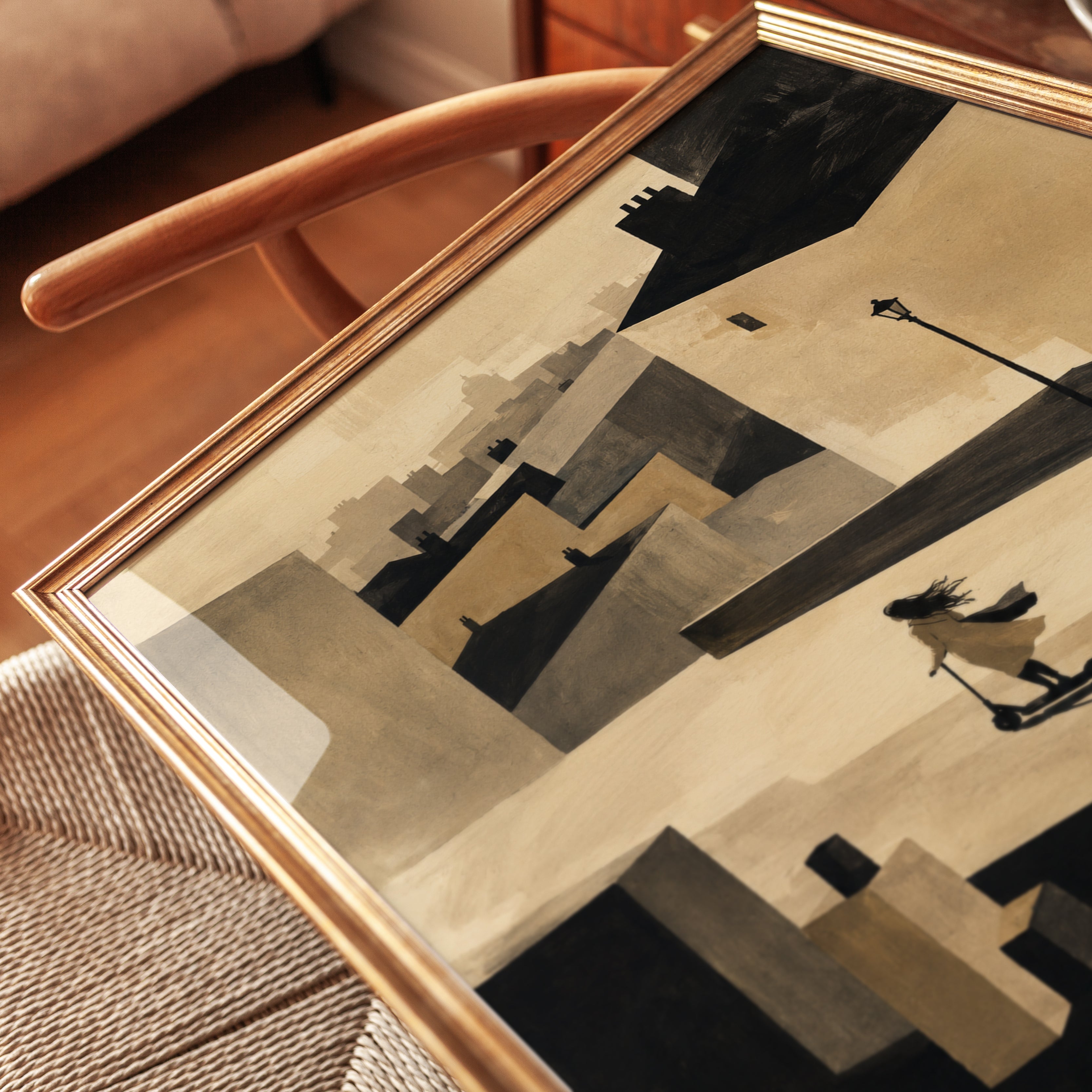 Urban Scooter Rider Print: Geometric Modernist Cityscape Art - detail