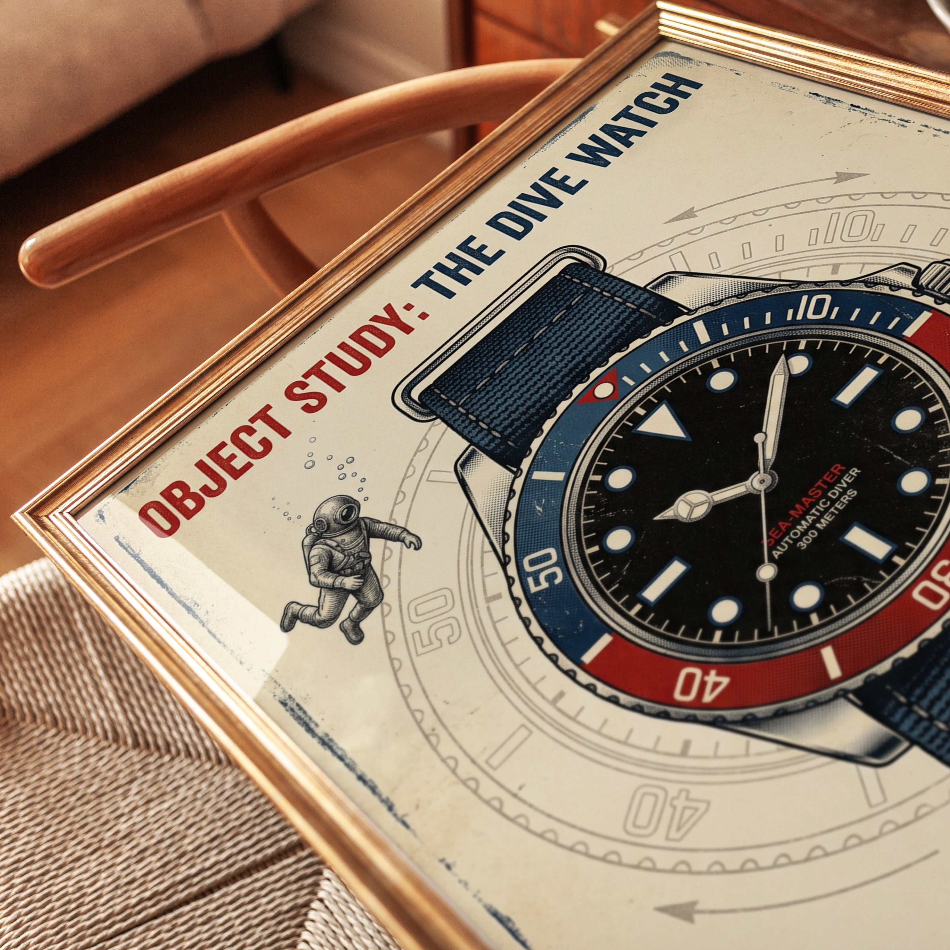Vintage Dive Watch Poster: Retro Technical Illustration Art Print - detail