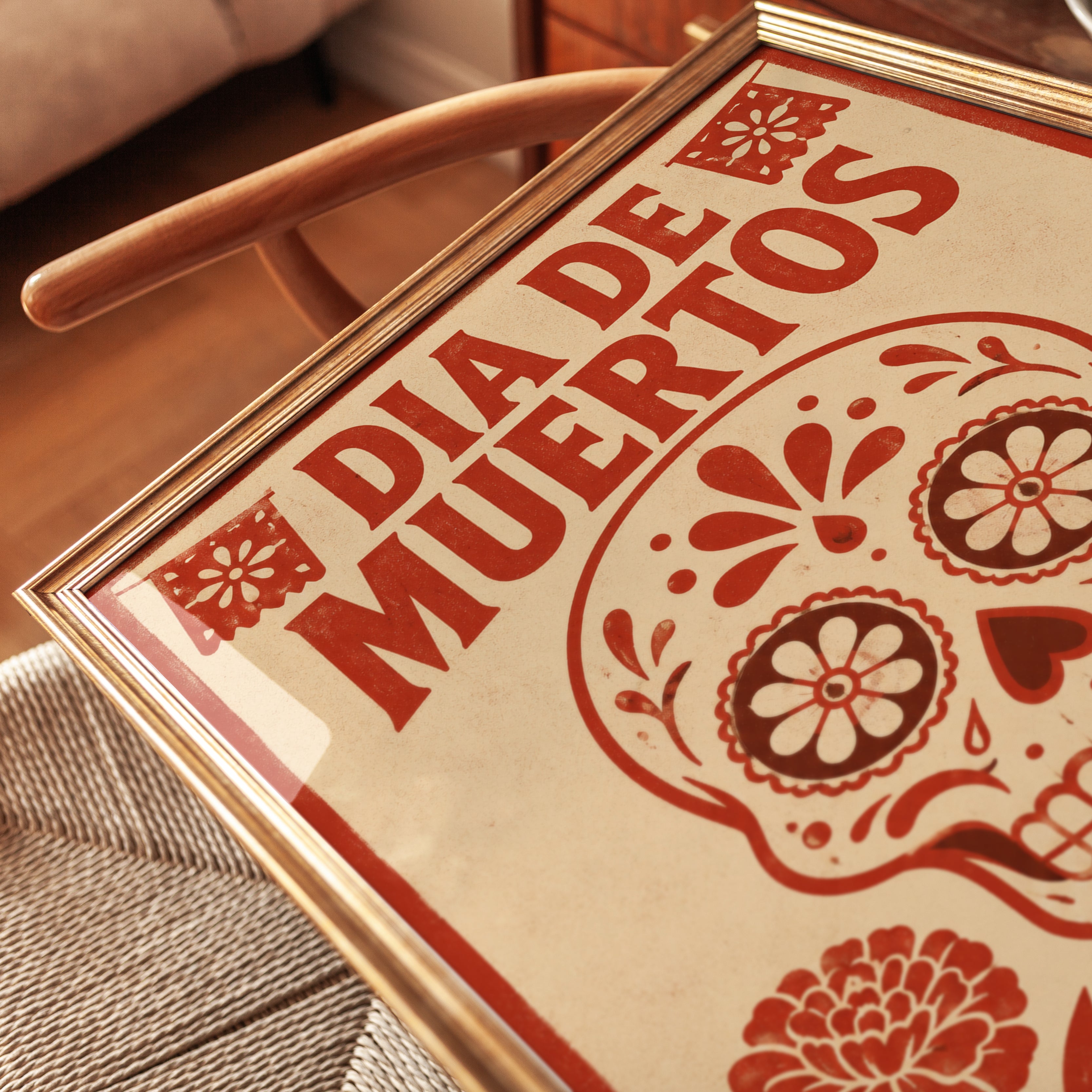 Dia de Muertos Print: Sugar Skull and Marigold Art (Unframed) - detail