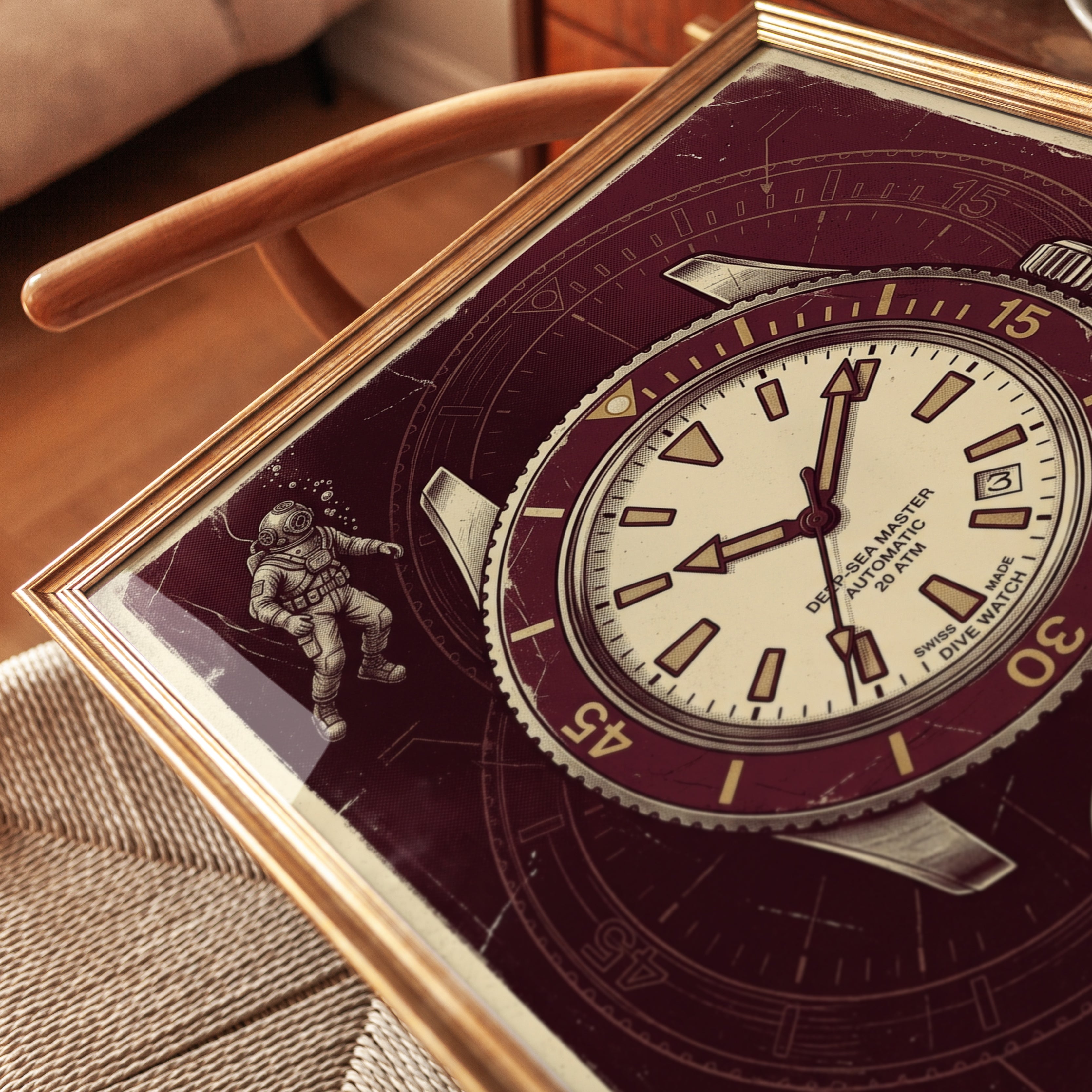 Vintage Dive Watch Poster: Retro Burgundy Technical Illustration - detail