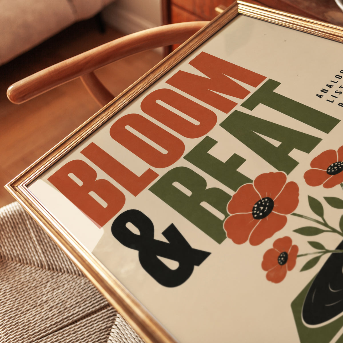 Bloom and Beat Art Print: Retro Turntable with Poppies Poster - detail