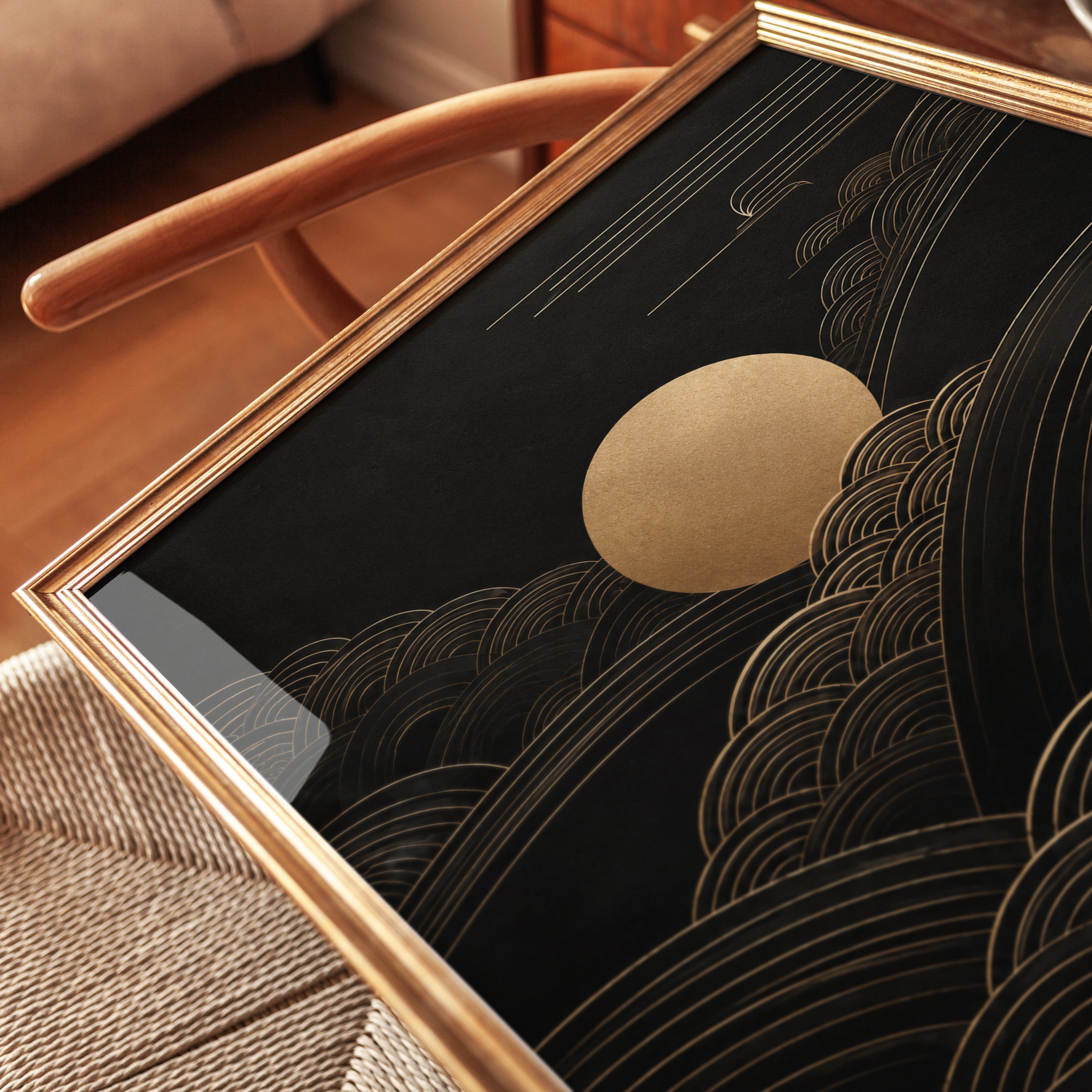Moon Art Print: Japanese Seigaiha Wave Design (Gold on Black) - detail