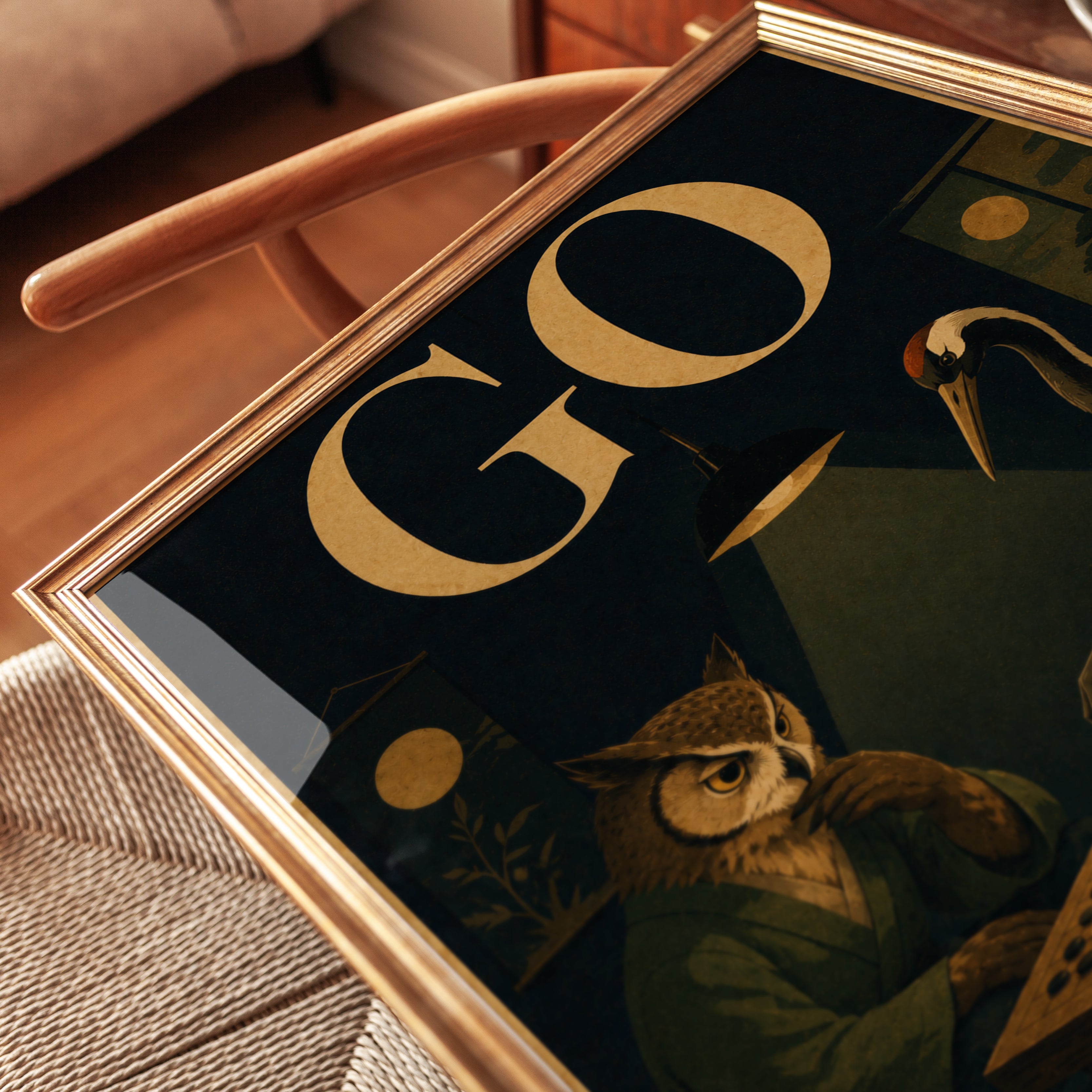 Go Game Poster: Owl and Crane Japanese Style (Vintage Wall Art) - detail