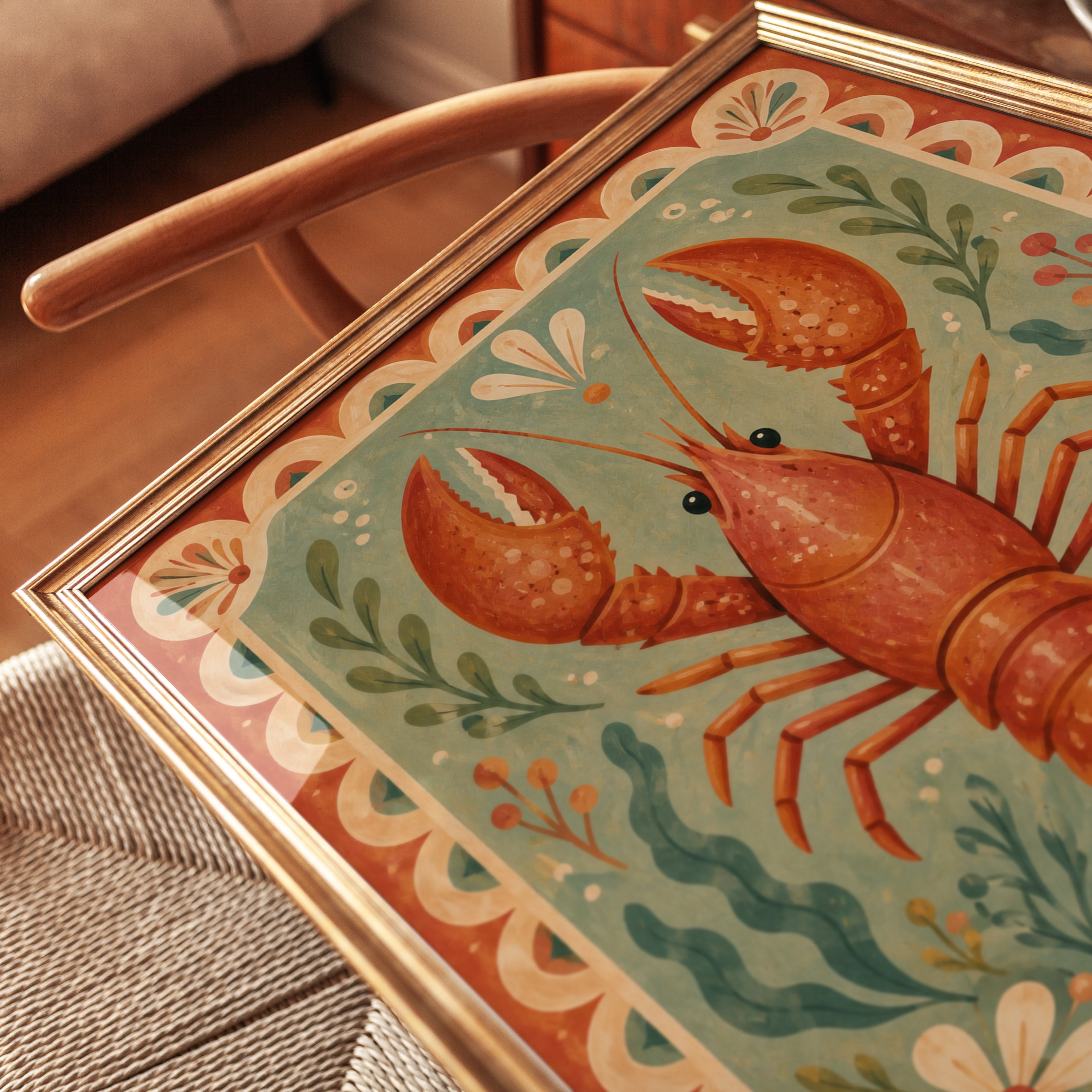 Folk Art Lobster Print – Vintage Coastal Wall Art - detail