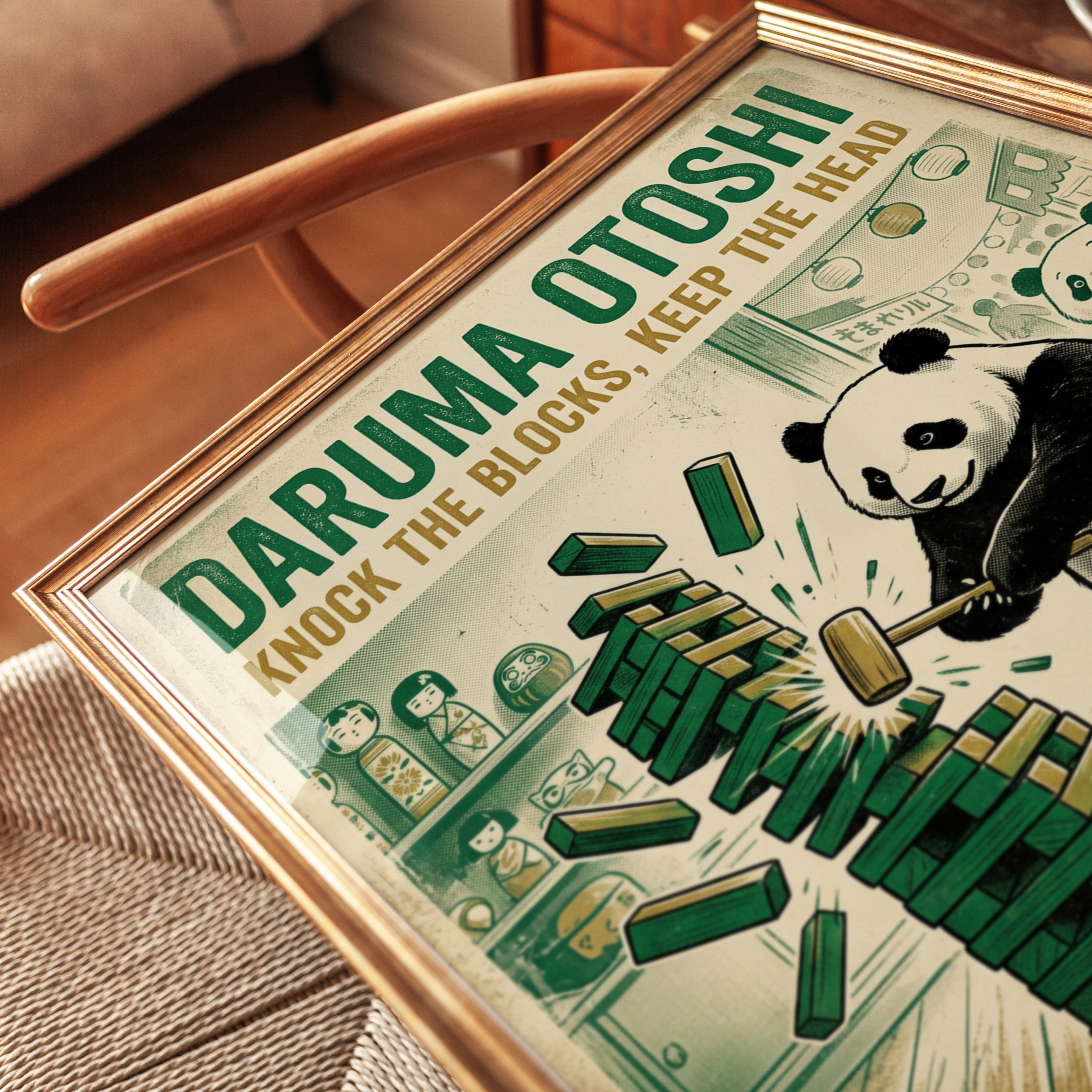Panda Jenga Game Art Print: Vintage Japanese Poster Design - detail