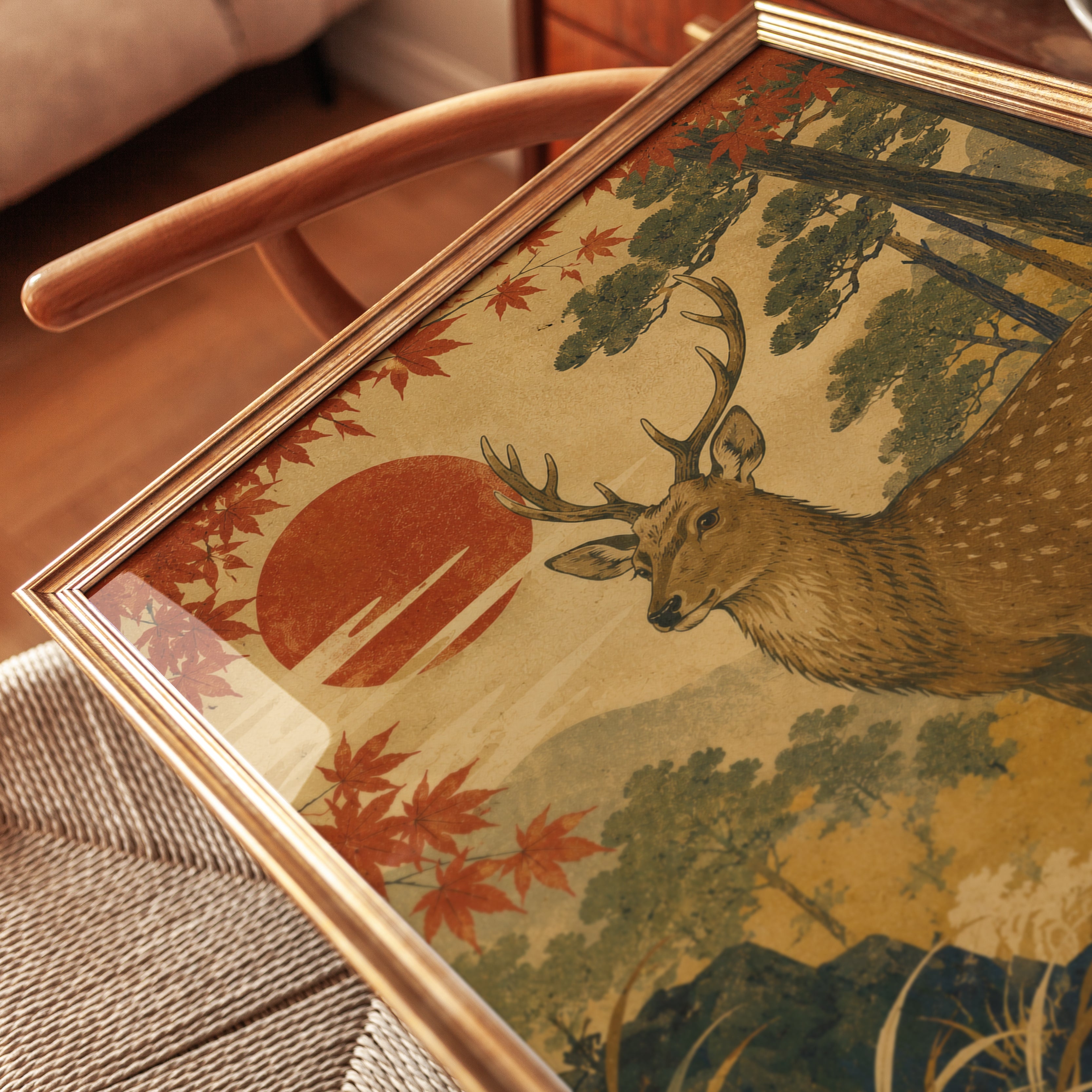 Japanese Deer Art Print: Vintage Autumn Sunset Forest Scene - detail