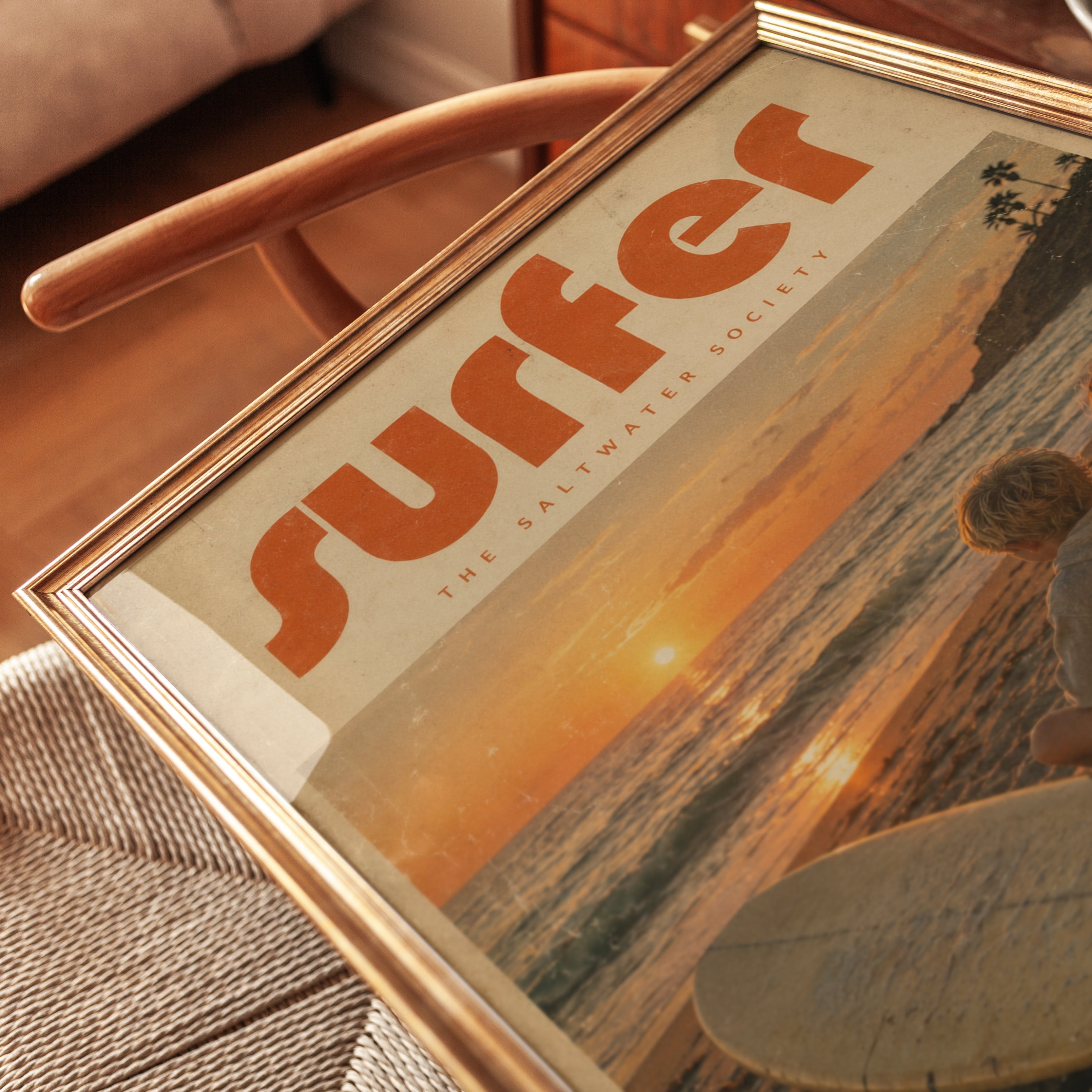 Vintage Surfer Sunset Print – Retro Beach Coastal Wall Art - detail