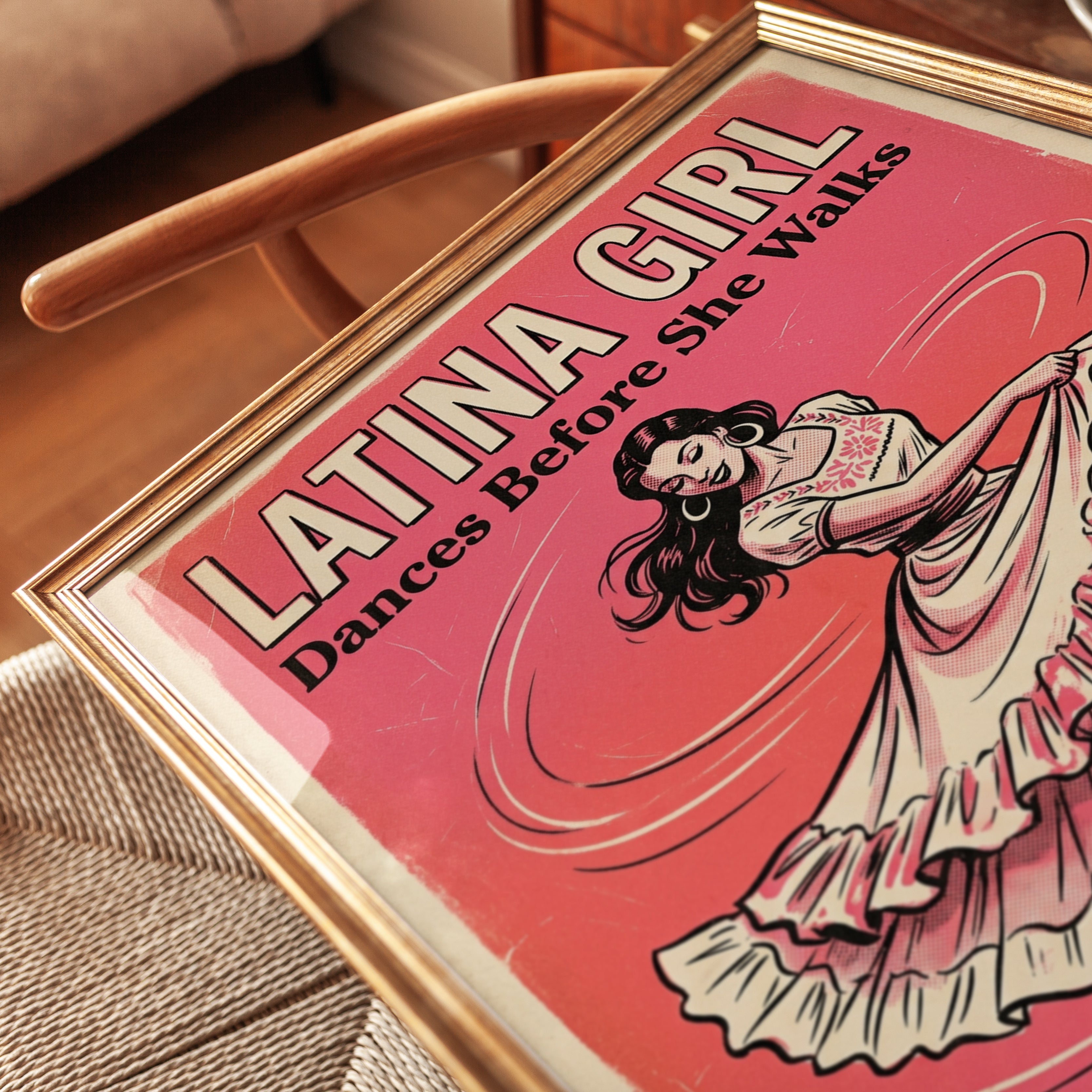 Latina Dancer Vintage Poster: Retro Pink Mid-Century Wall Art - detail