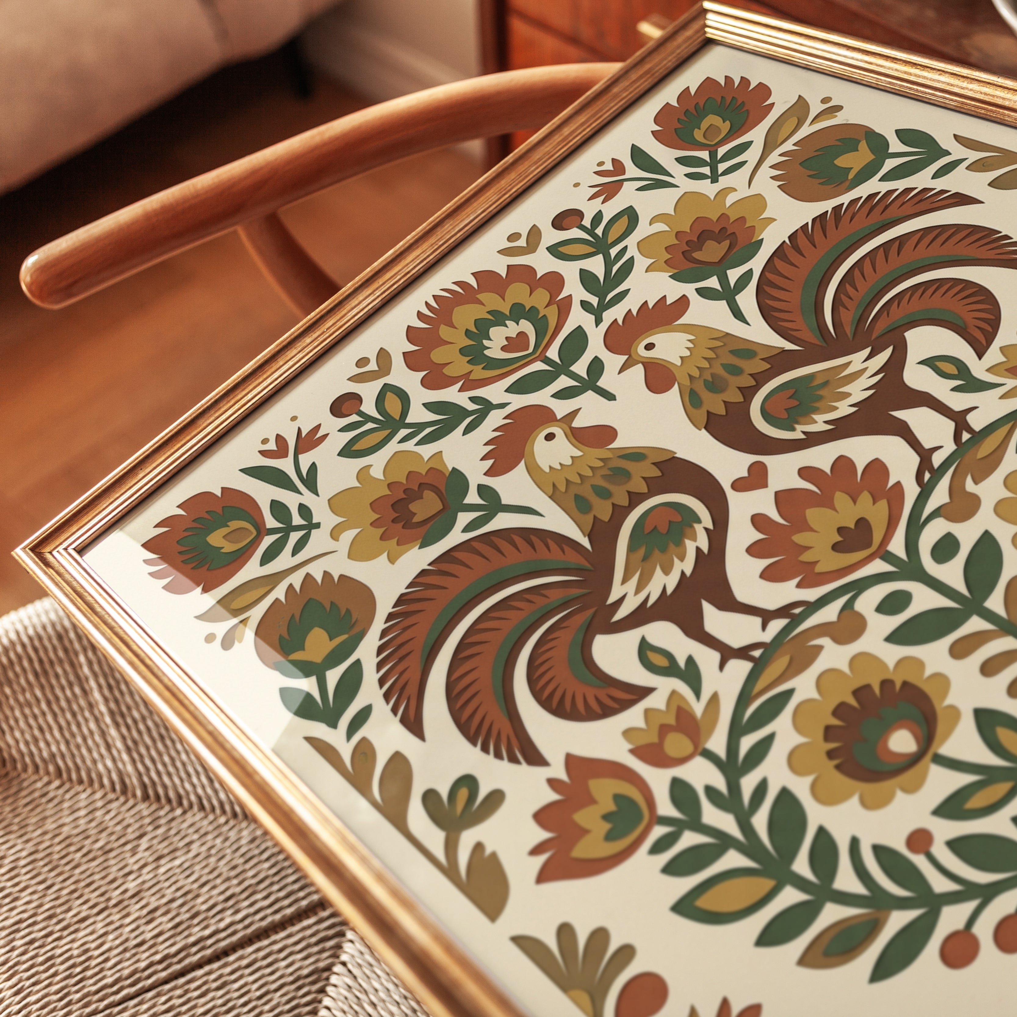 Folk Art Rooster Print: Symmetrical Floral Design in Earth Tones - detail
