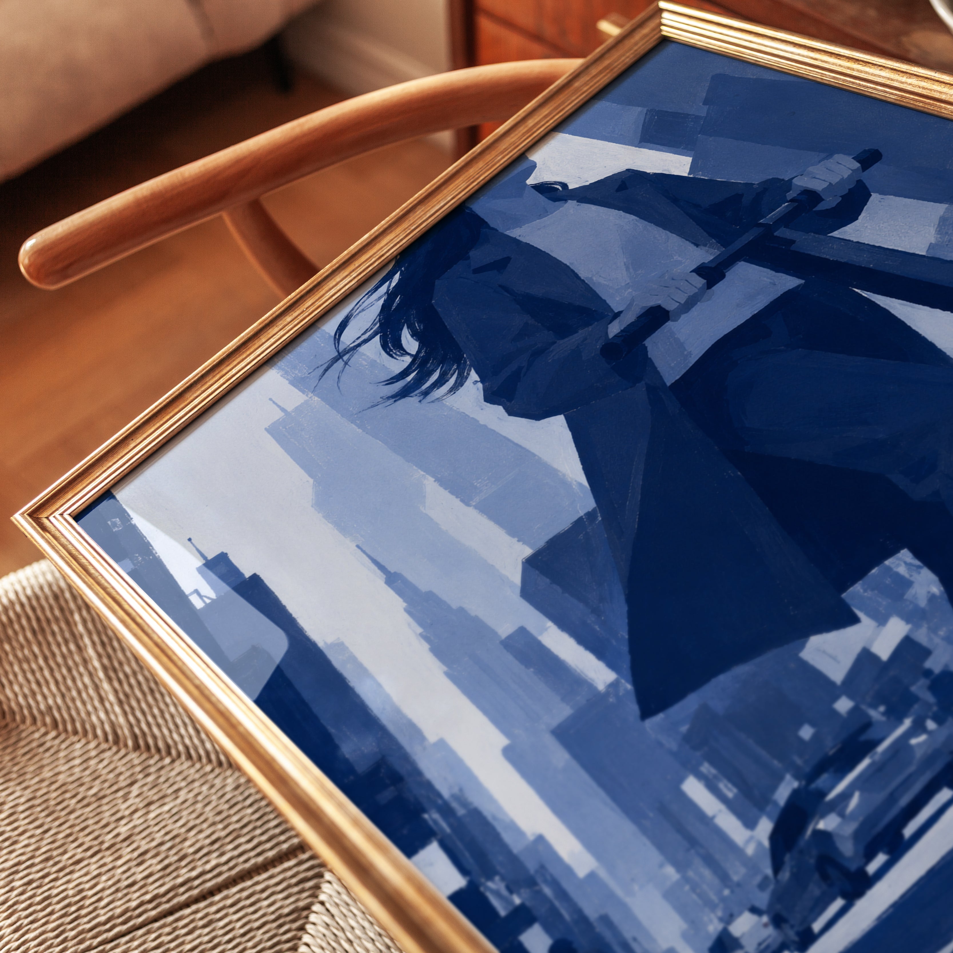 Urban Scooter Commute Art Print: Monochromatic Blue Cityscape - detail