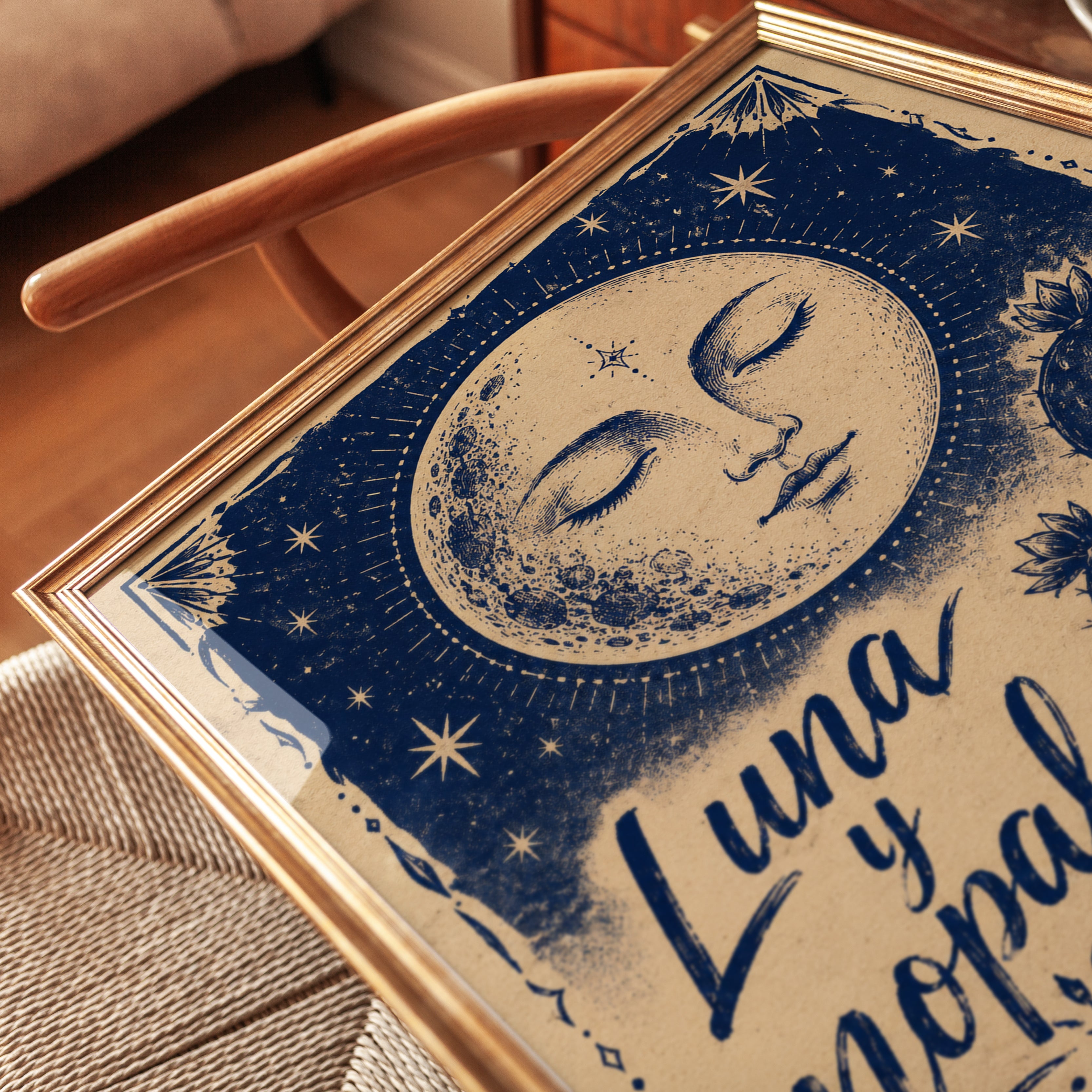 Moon Face and Cactus Wall Art: Celestial Blue Vintage Poster - detail