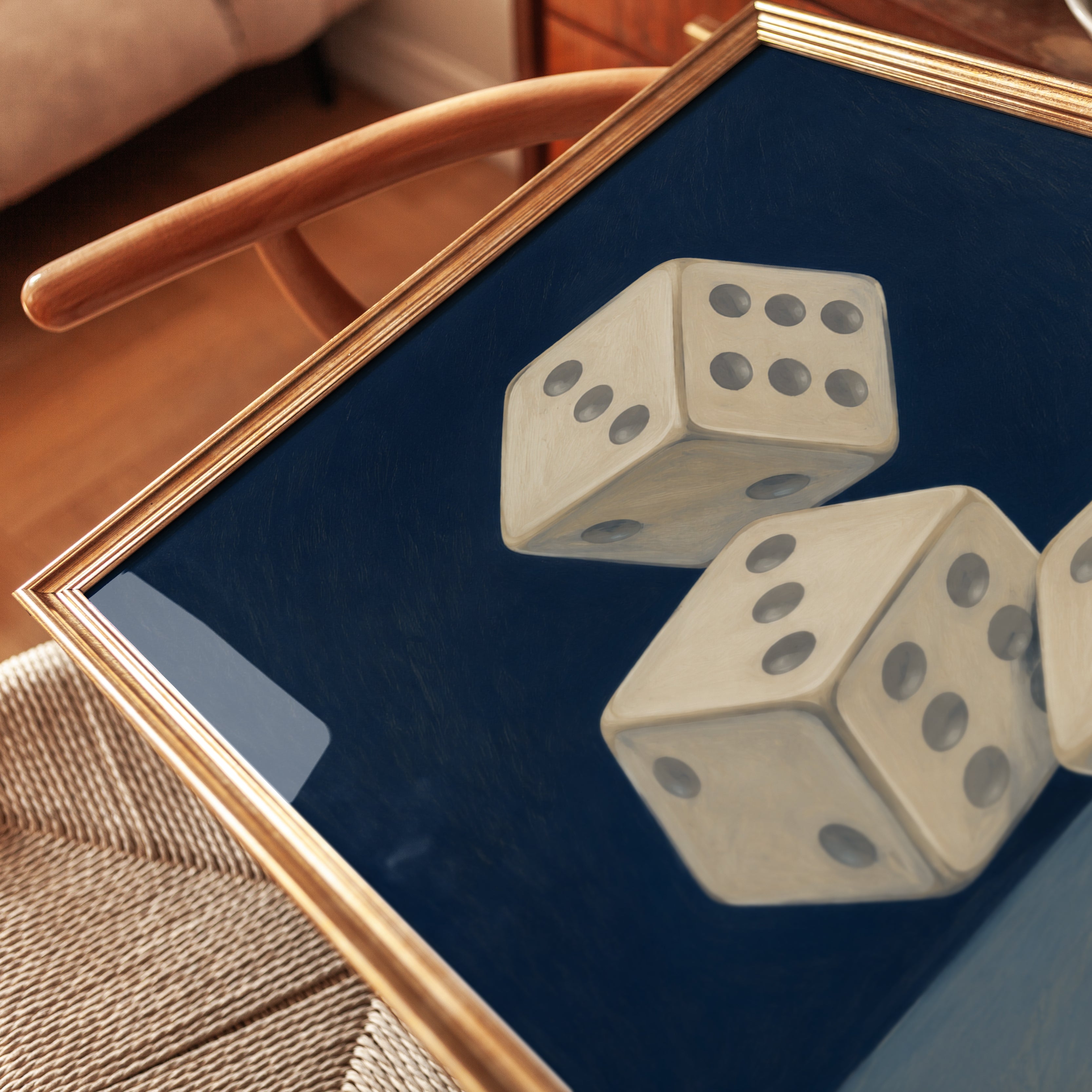 Vintage Dice Stack Wall Art: Minimalist Blue Game Room Print - detail