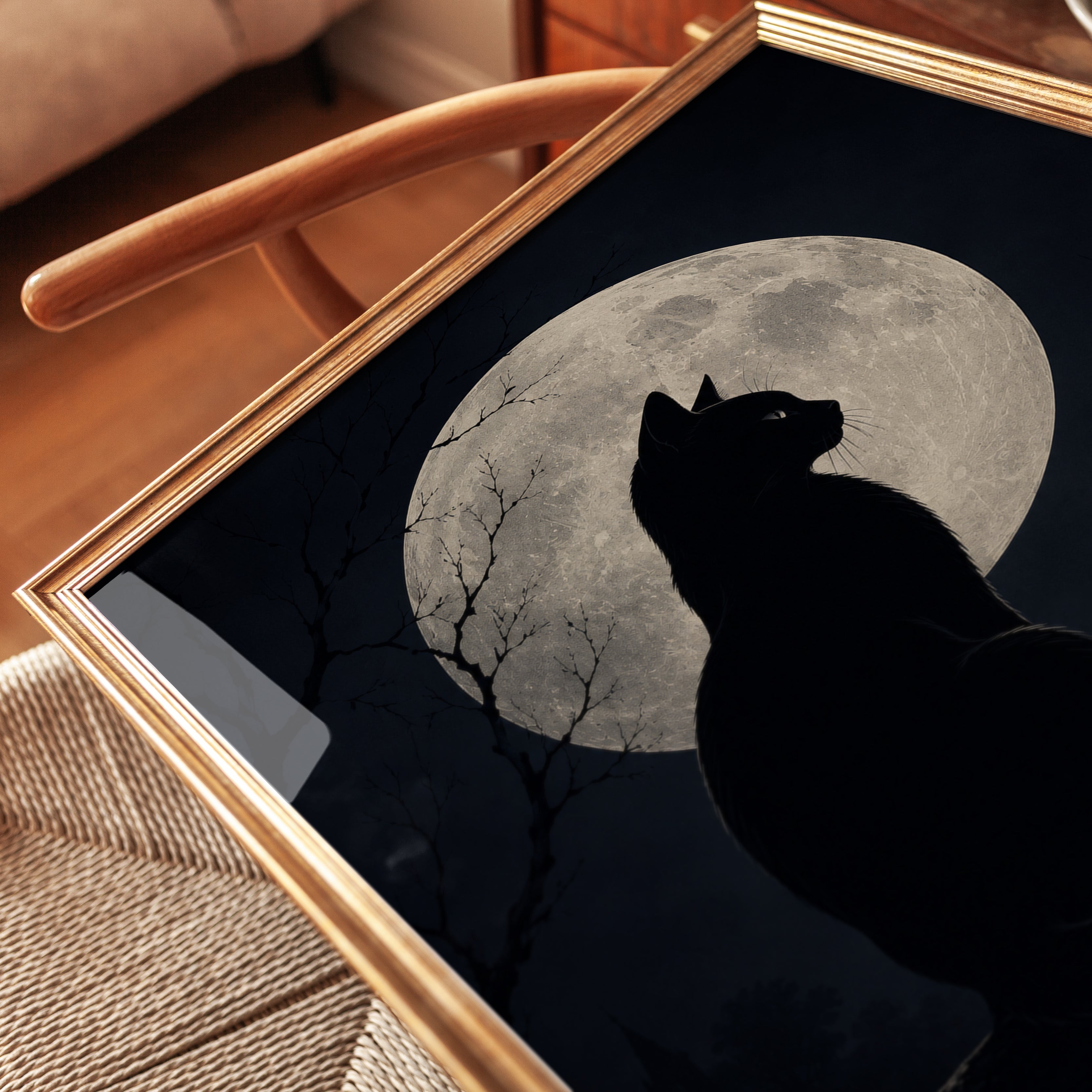 Cat Moon Wall Art – Black Cat Silhouette Print - detail