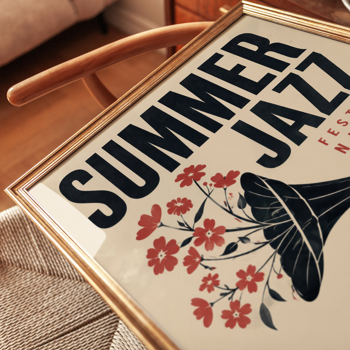Vintage Jazz Poster Print — Retro Gramophone & Floral Design - detail