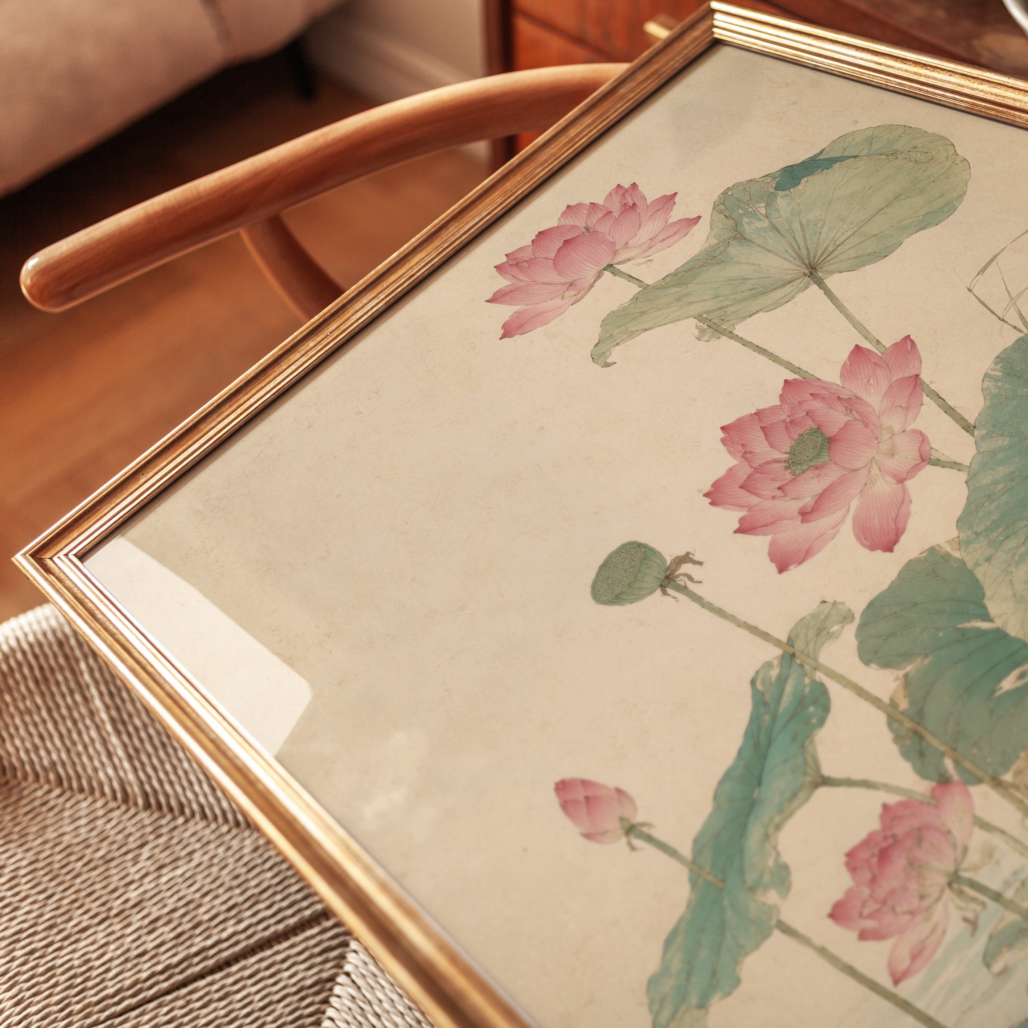 Pink Lotus Botanical Print: Vintage Japanese Watercolor Art - detail