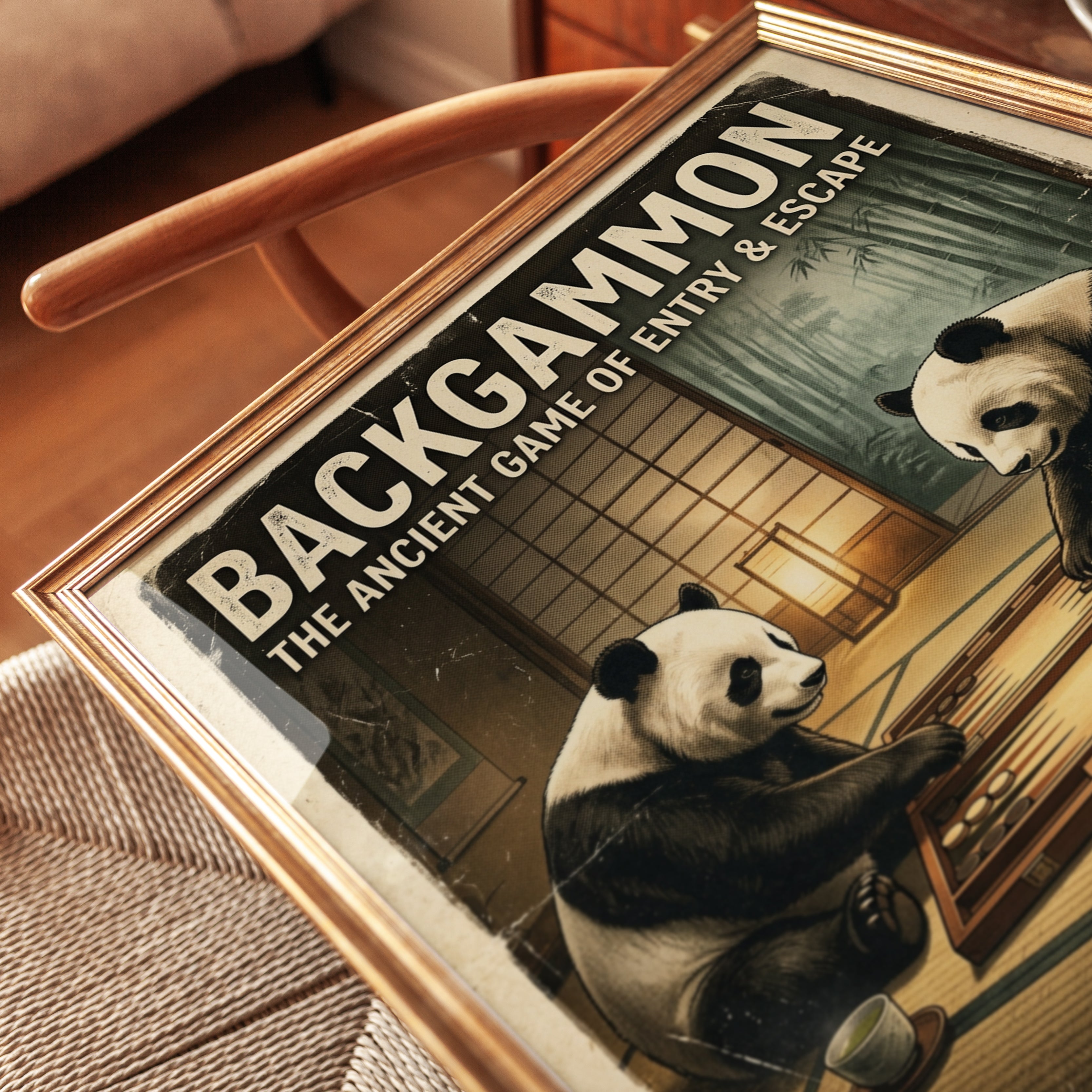 Backgammon Pandas Art Print: Vintage Japanese Game Room Poster - detail