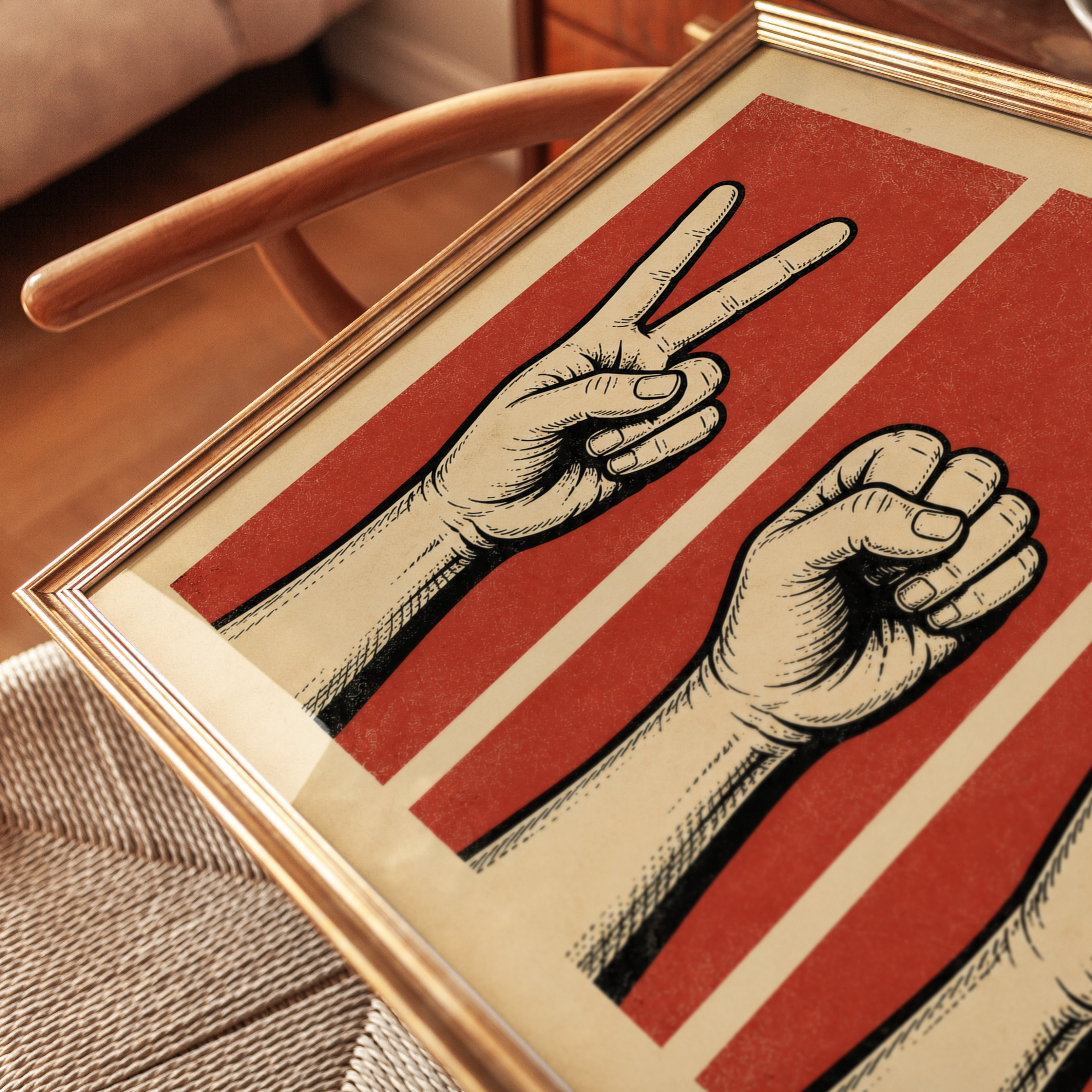 Rock Paper Scissors Poster: Vintage Propaganda Style Red Print - detail