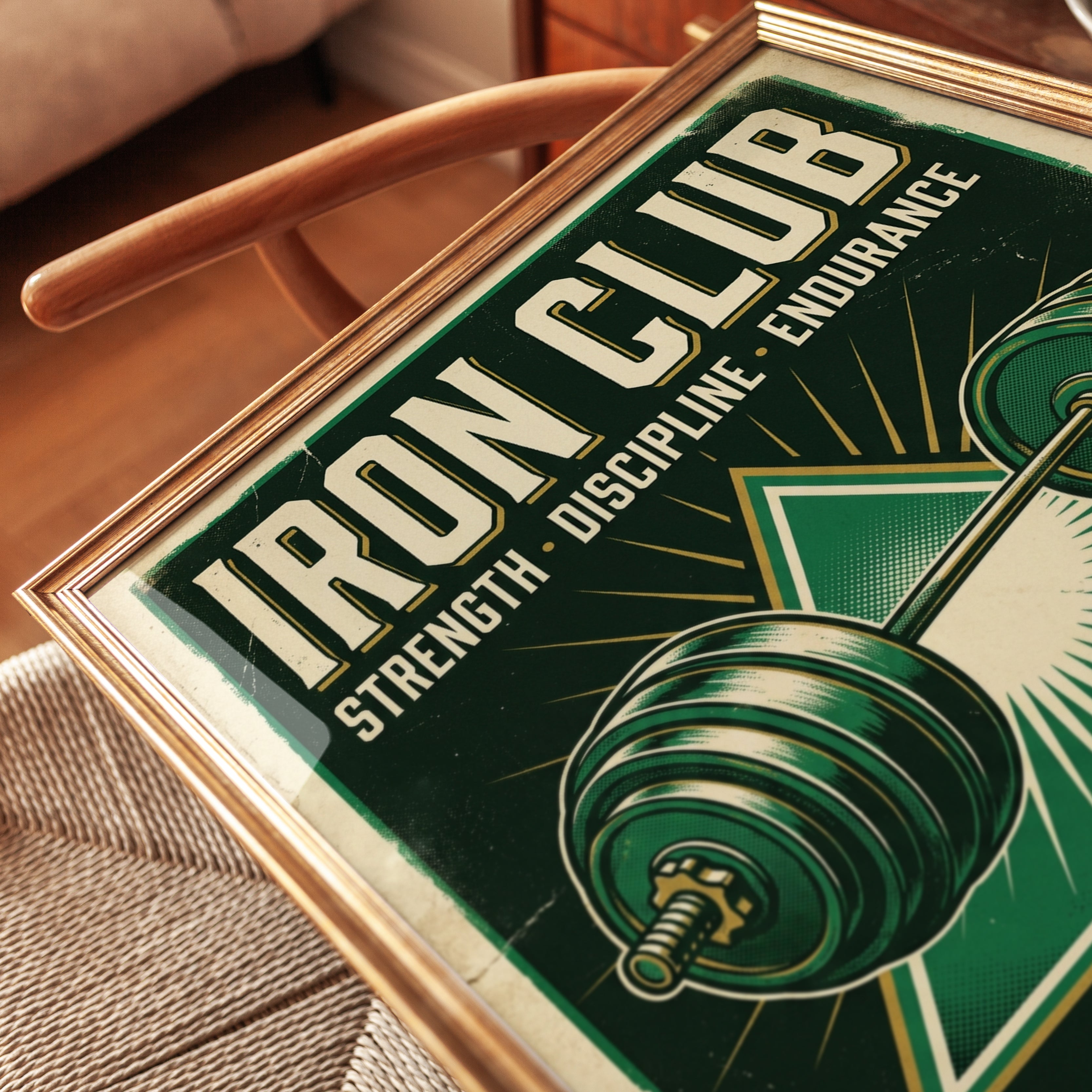 Iron Club Barbell Poster: Vintage Green Gym Motivation Art Print - detail