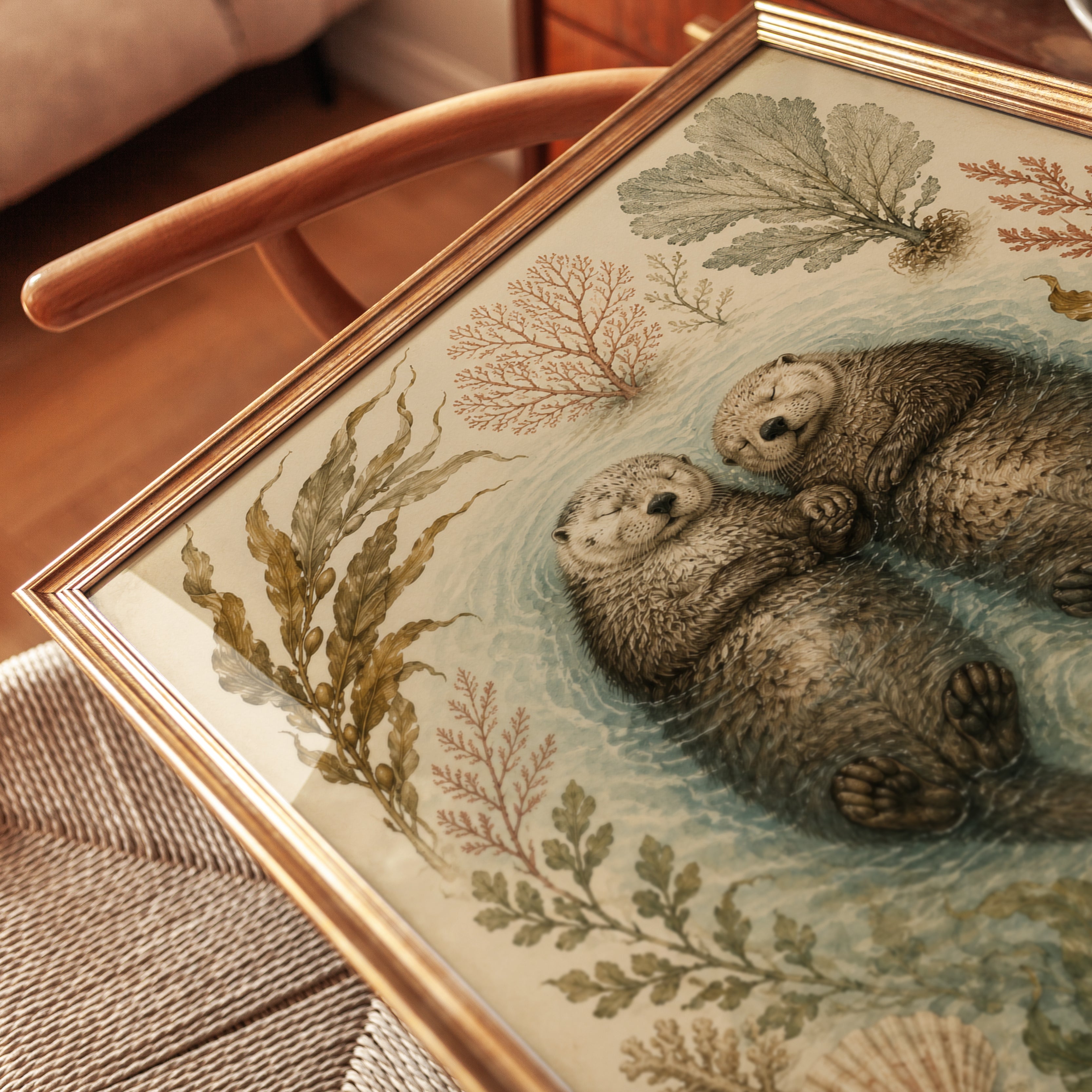 Sea Otter Couple Print — Vintage Nautical Illustration - detail
