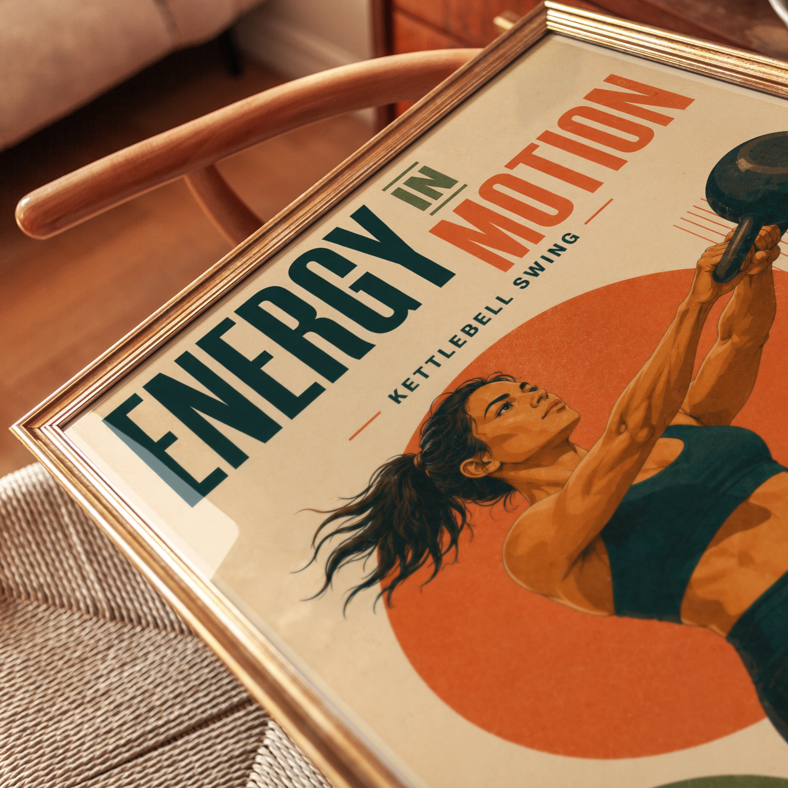 Energy In Motion Kettlebell Poster: Retro Fitness Wall Art - detail